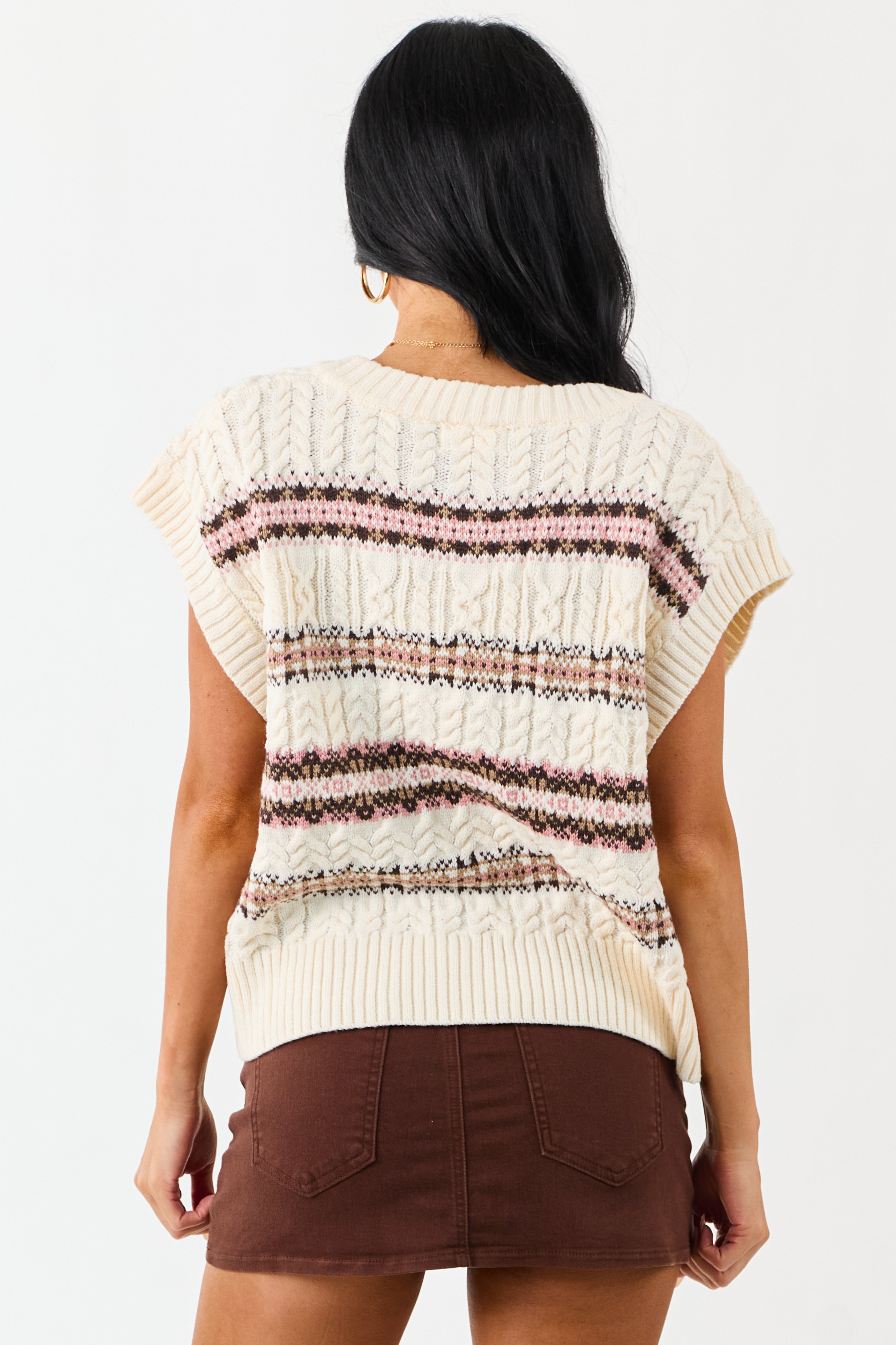 Vanilla Striped Cable Knit V-Neck Sweater Vest