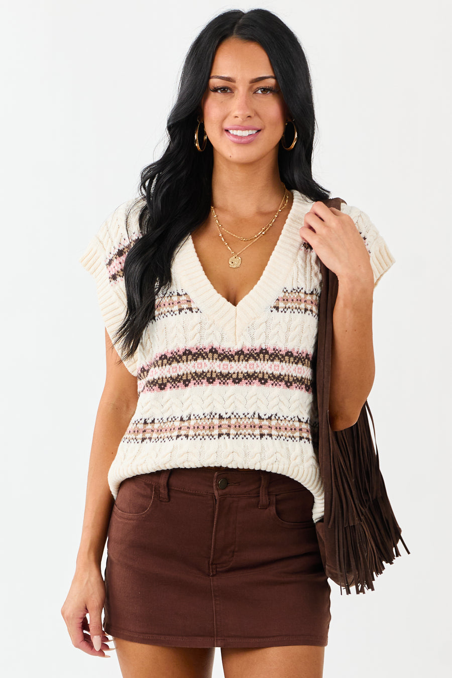 Vanilla Striped Cable Knit V-Neck Sweater Vest