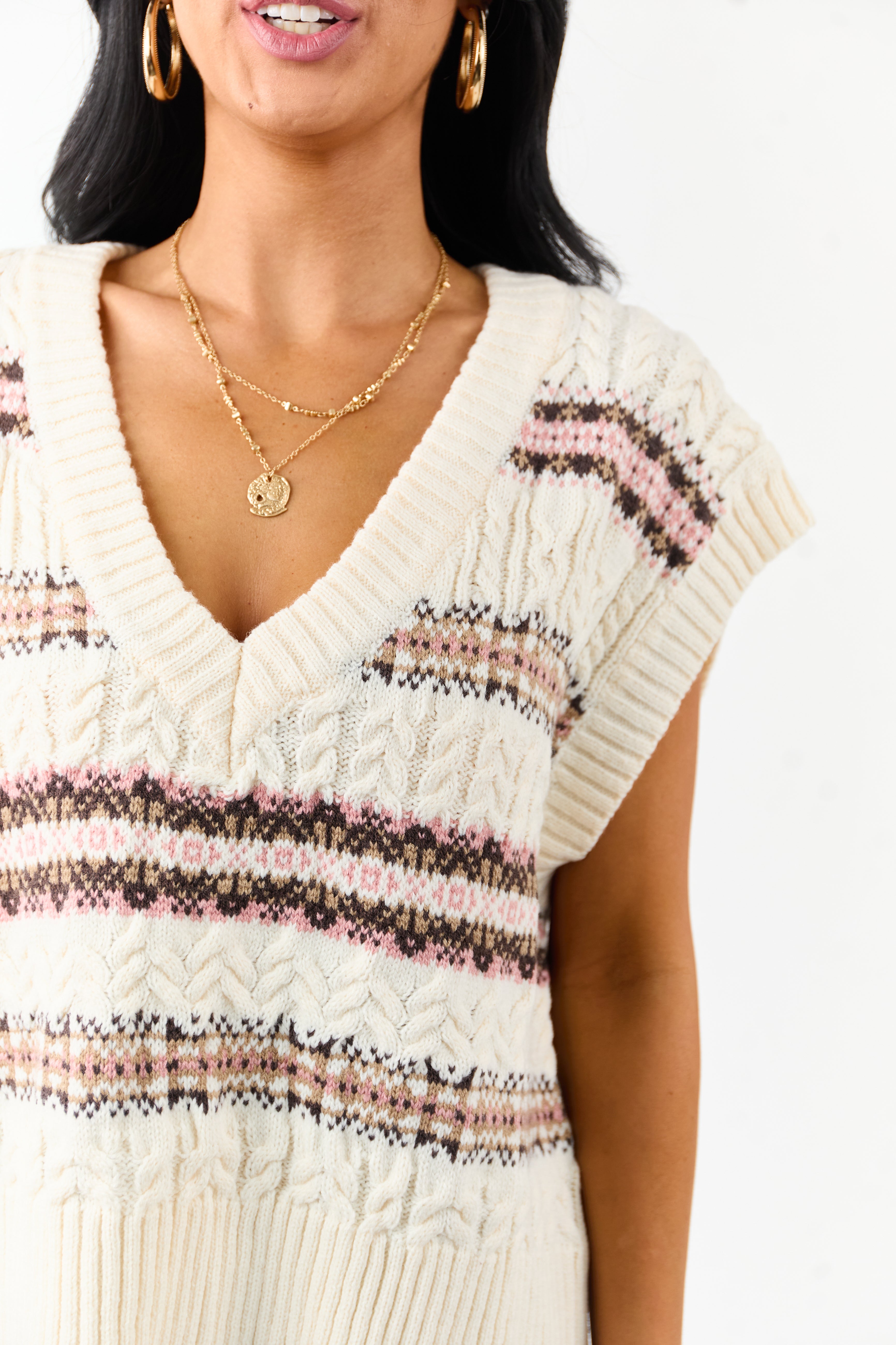 Vanilla Striped Cable Knit V-Neck Sweater Vest