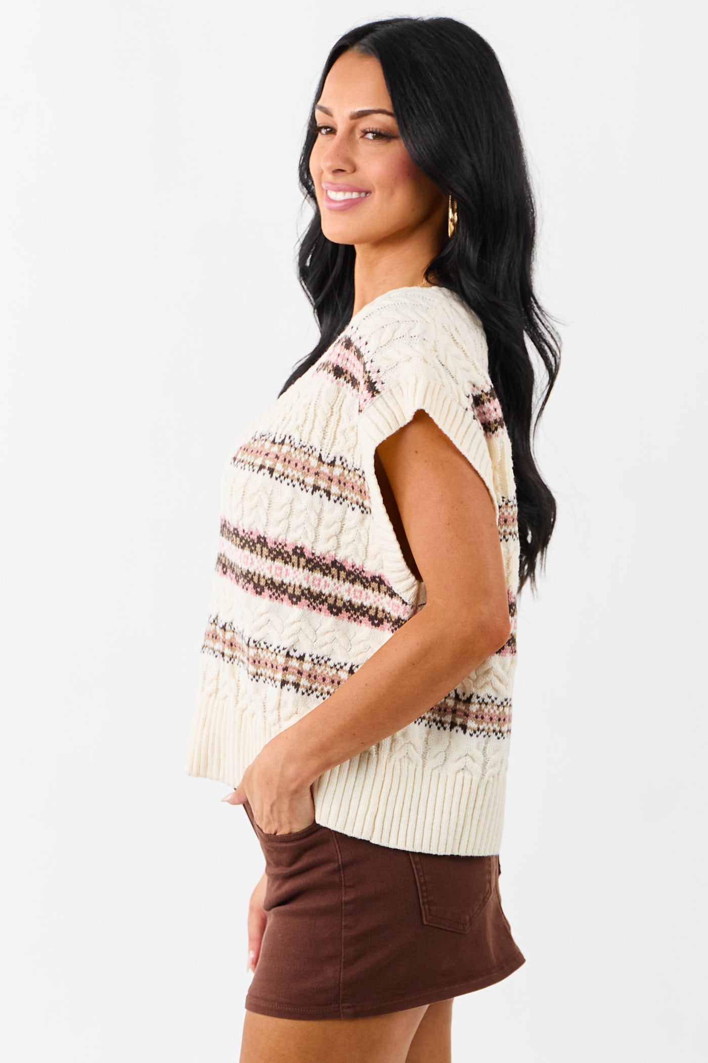 Vanilla Striped Cable Knit V-Neck Sweater Vest