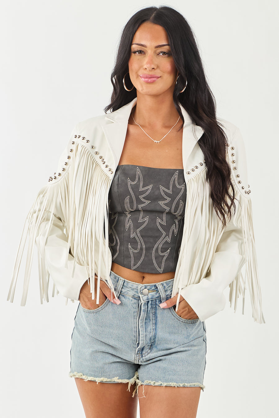 Vanilla Stud Detail Fringe Pleather Jacket