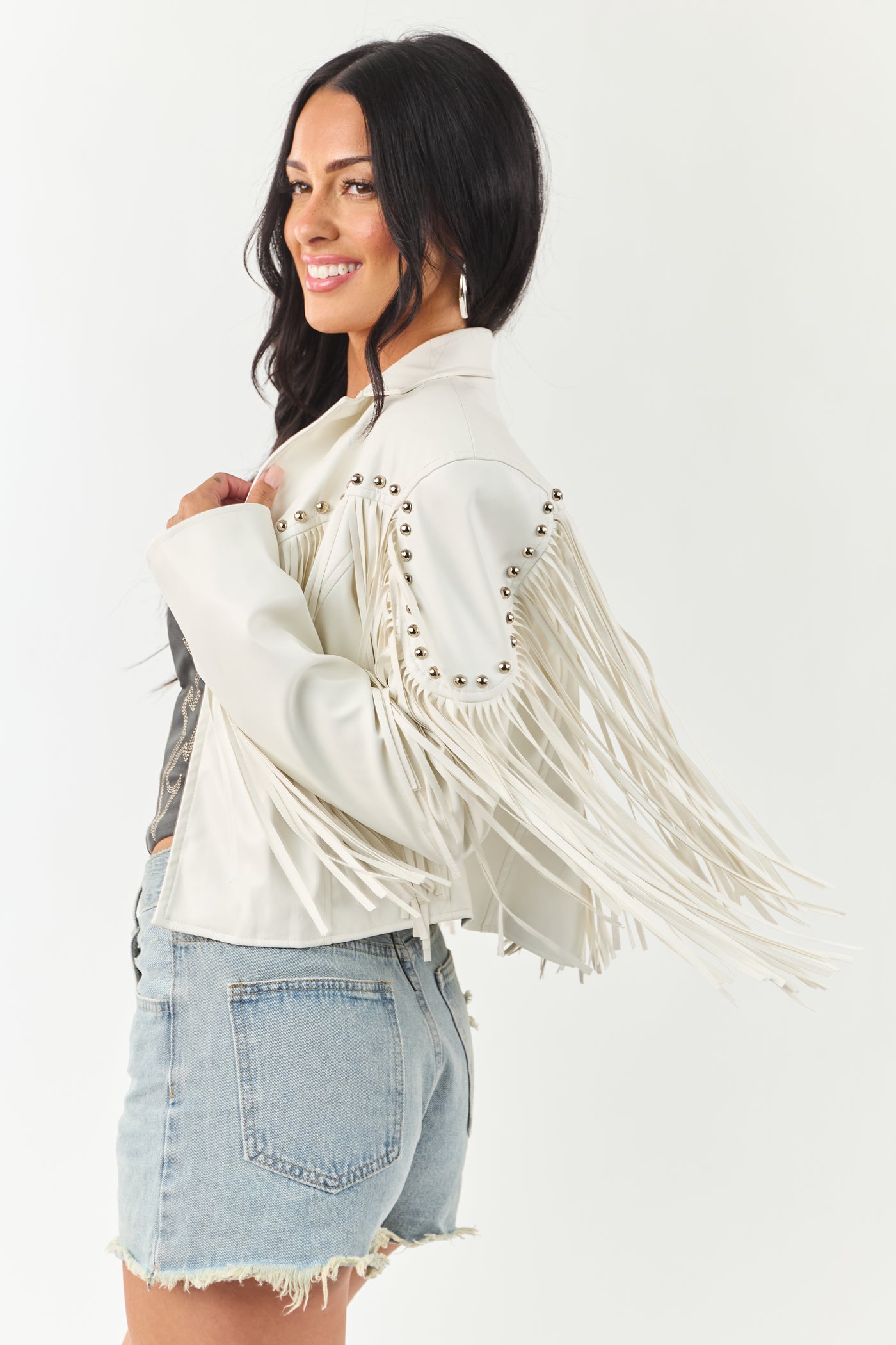 Vanilla Stud Detail Fringe Pleather Jacket