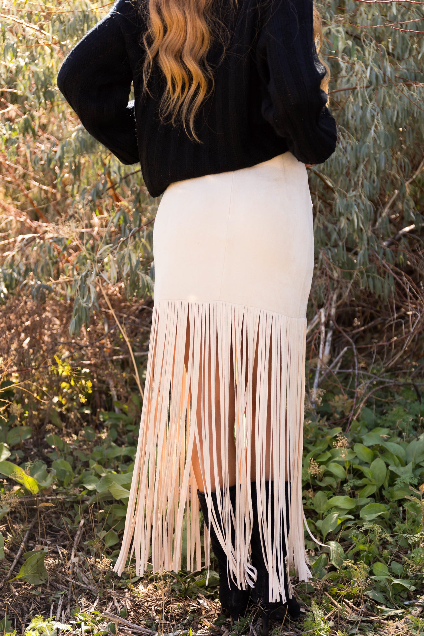 Vanilla Studded Soft Suede Long Fringe Skirt