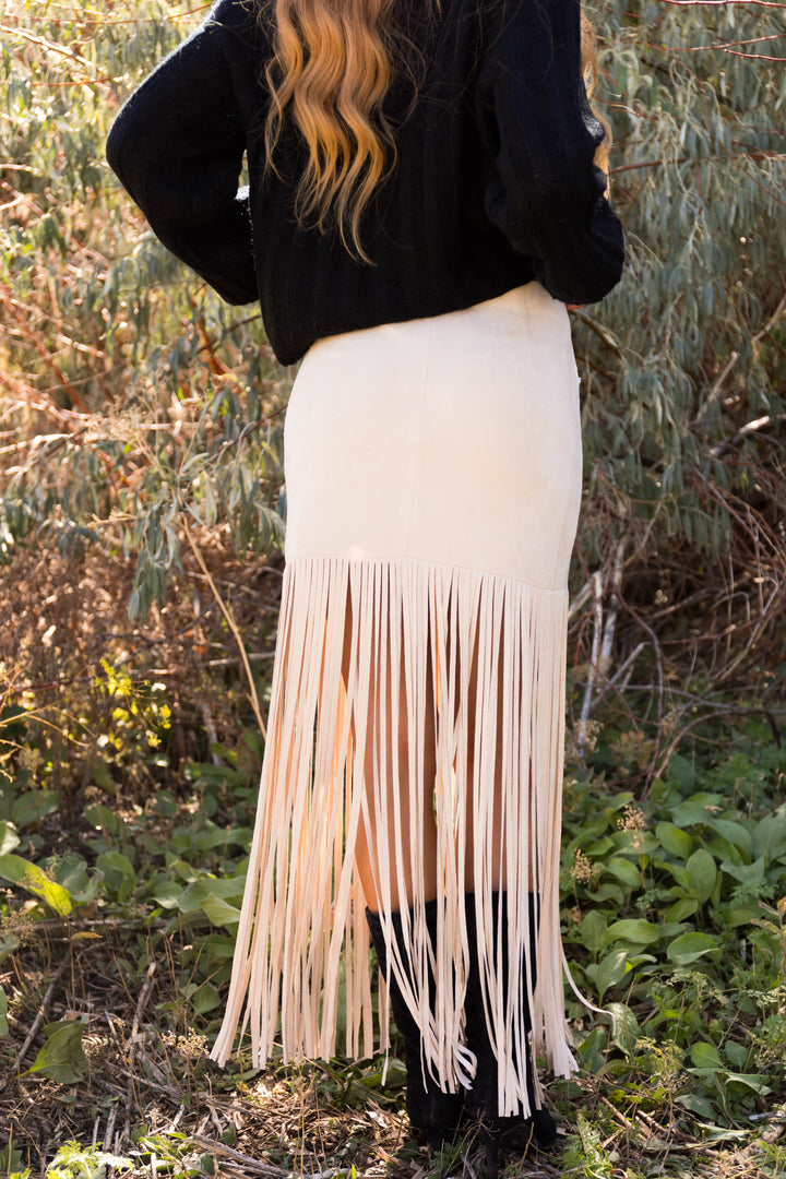 Vanilla Studded Soft Suede Long Fringe Skirt