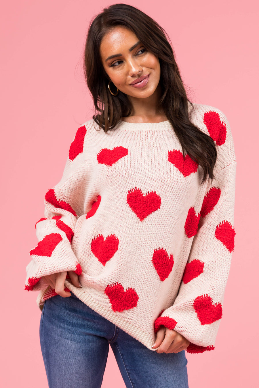 Vanilla Textured Heart Graphic Knit Sweater