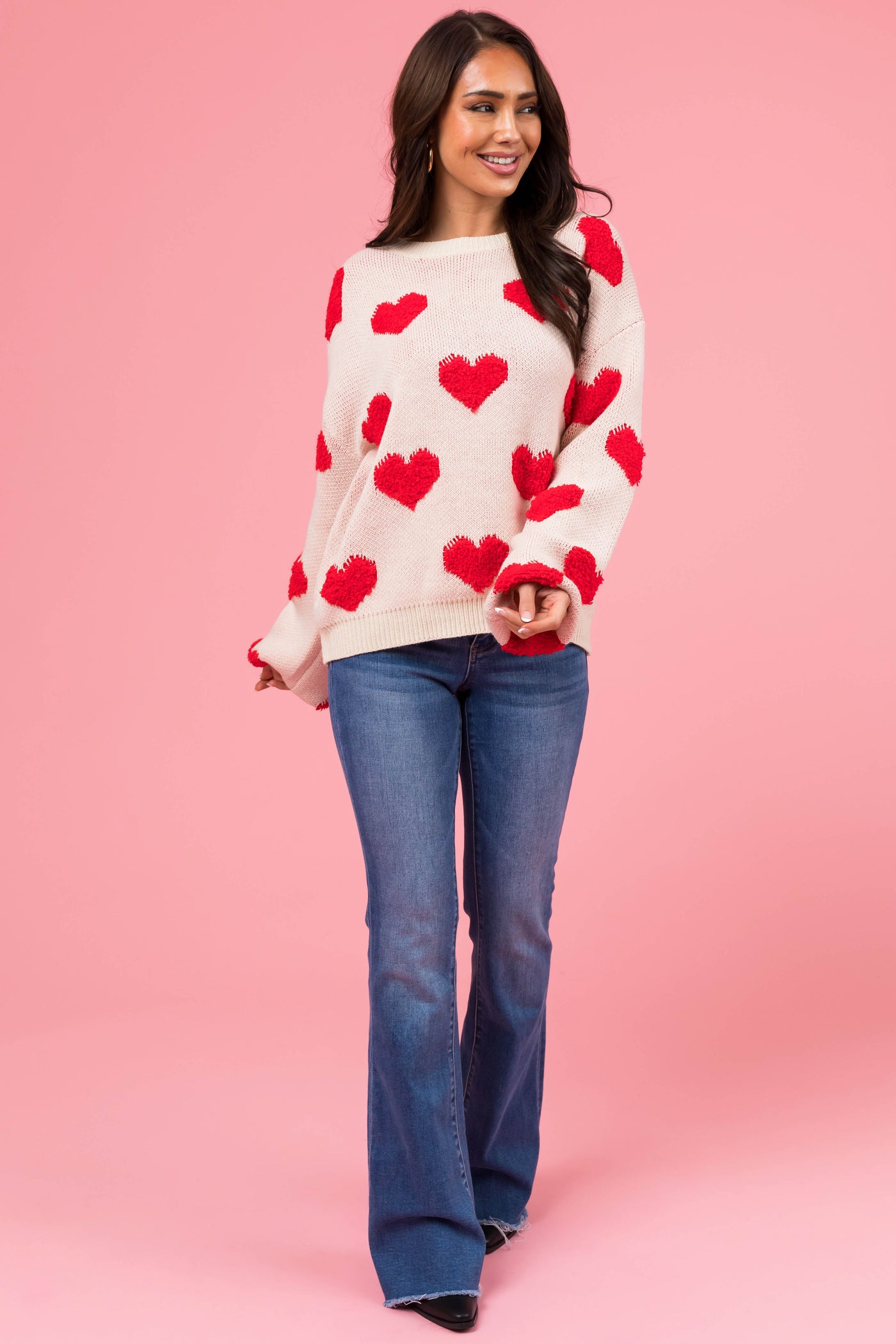 Vanilla Textured Heart Graphic Knit Sweater