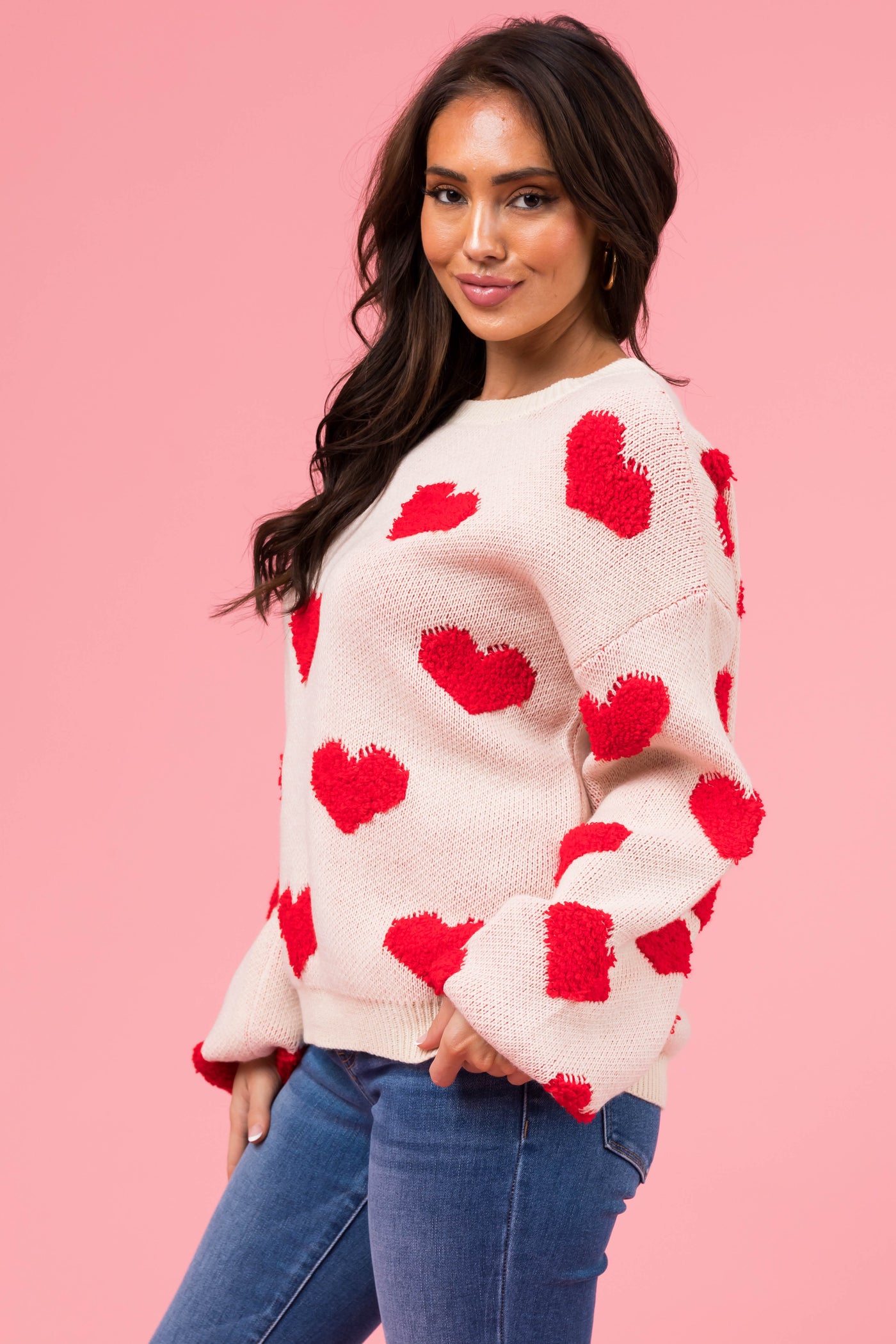 Vanilla Textured Heart Graphic Knit Sweater Lime Lush Boutique