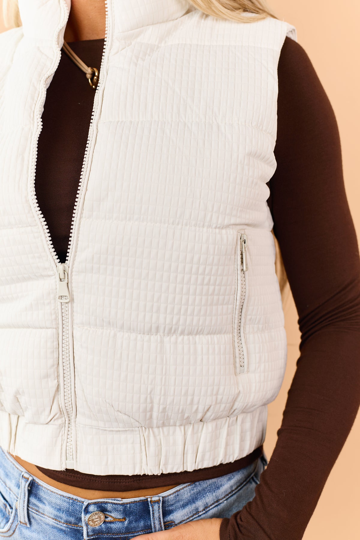 Vanilla Textured Mock Neck Zip Up Puffer Vest