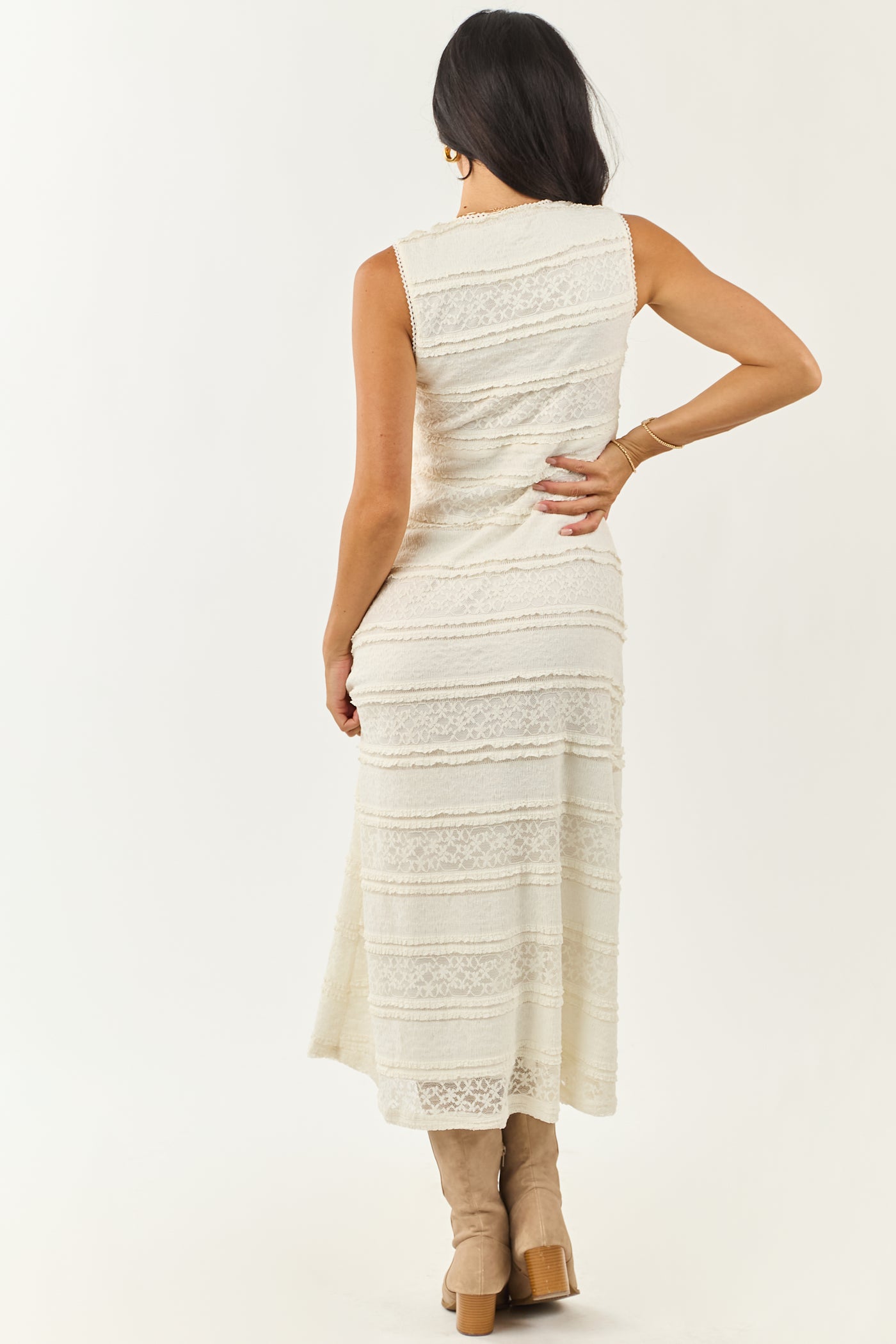 Vanilla Tiered Floral Lace V Neck Midi Dress