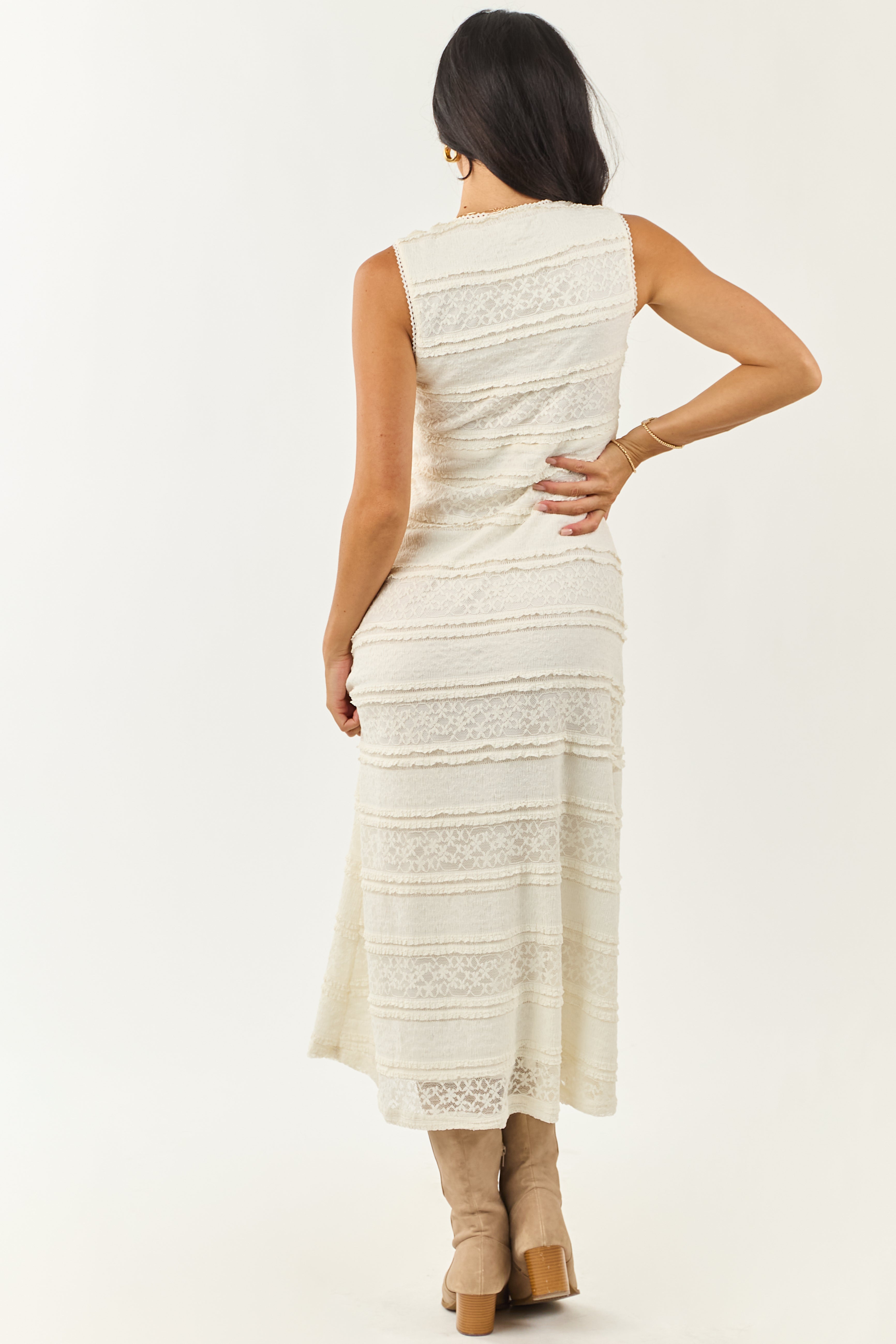 Vanilla Tiered Floral Lace V Neck Midi Dress