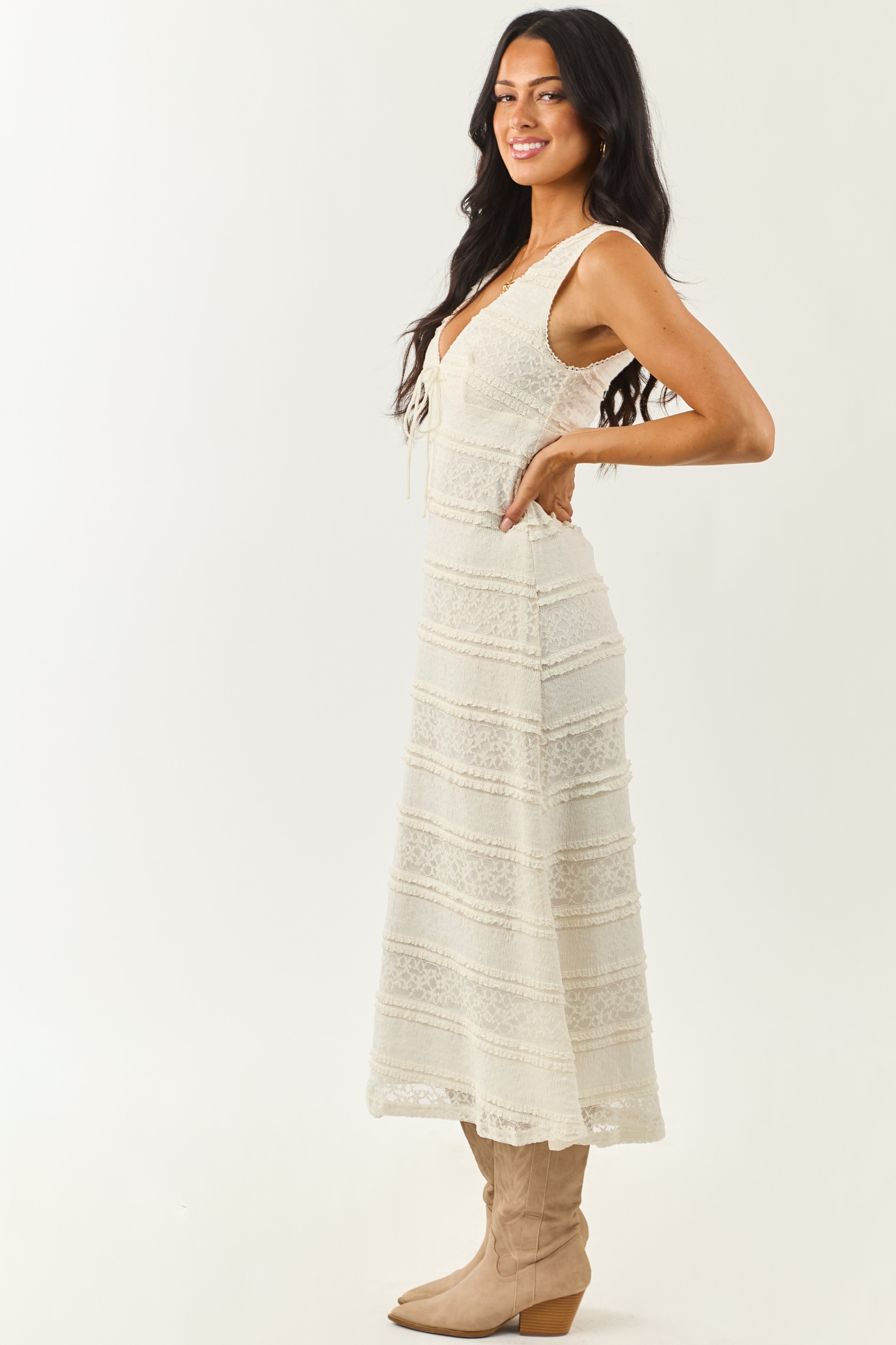 Vanilla Tiered Floral Lace V Neck Midi Dress
