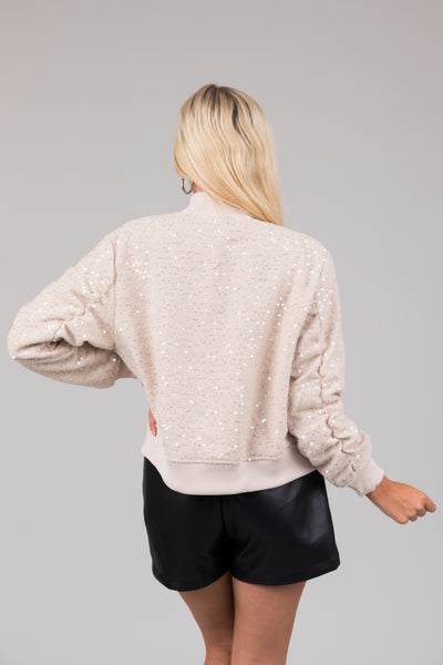 Vanilla Tweed Sequined Bomber Jacket