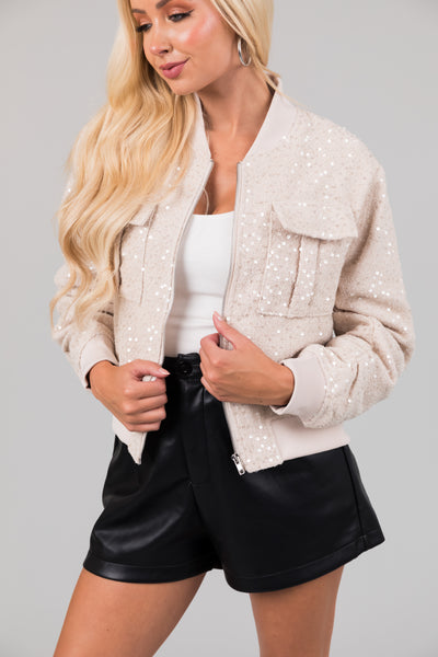 Vanilla Tweed Sequined Bomber Jacket