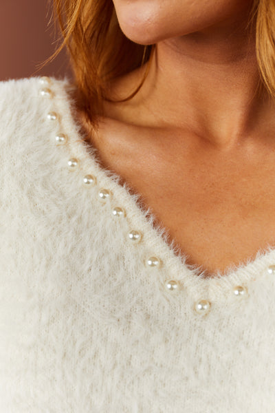 Vanilla V Neck Pearl Trim Detail Fuzzy Knit Sweater