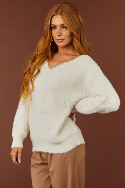 Vanilla V Neck Pearl Trim Detail Fuzzy Knit Sweater