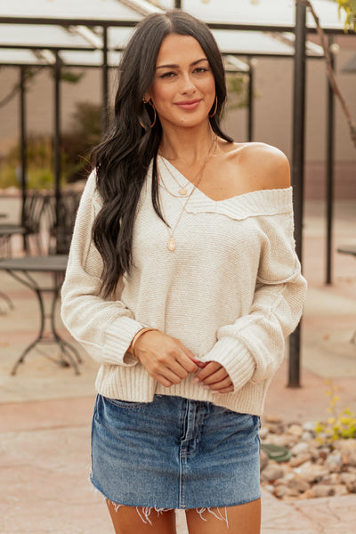 Vanilla V-Neck Ribbed Trim Relaxed Sweater