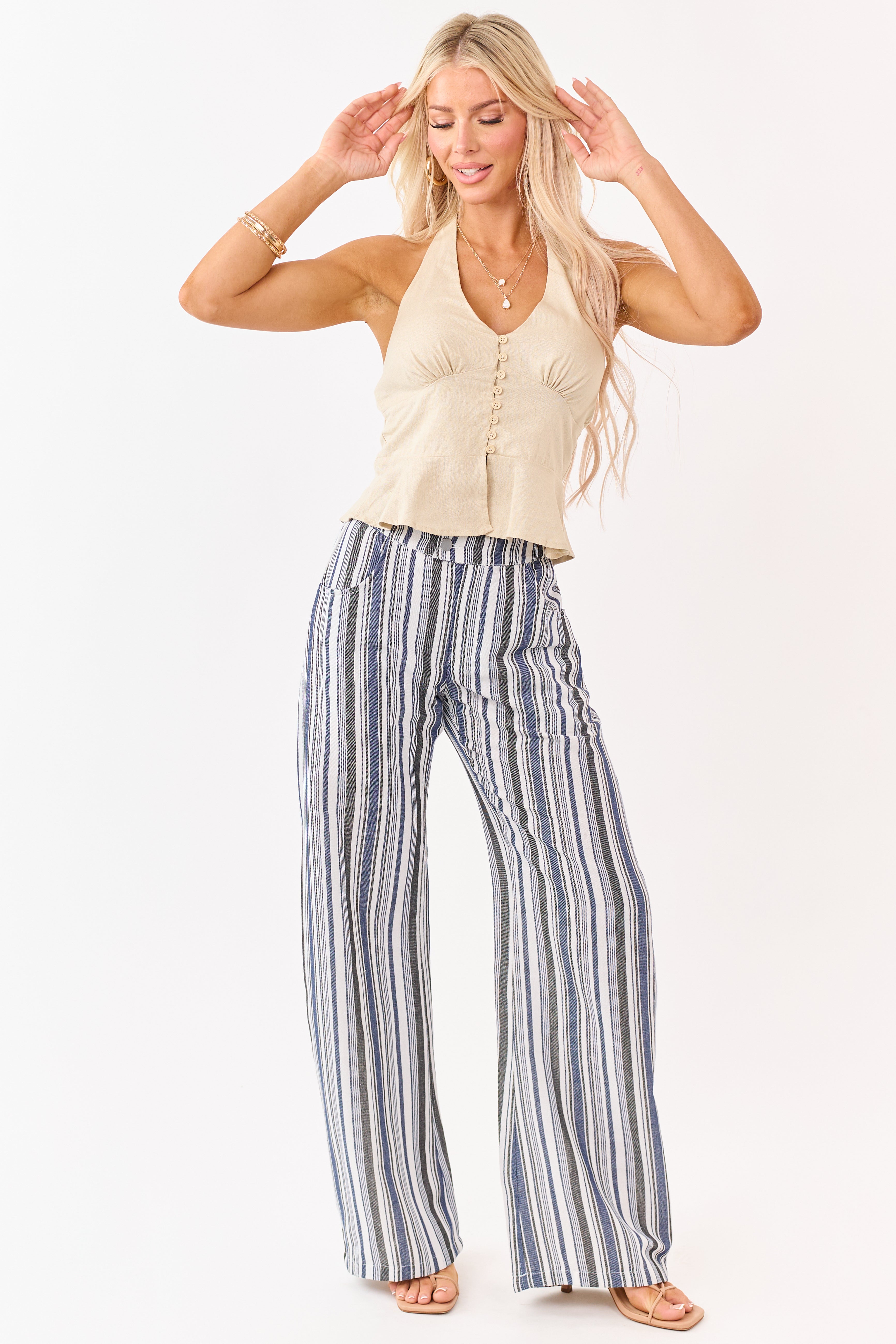 Vanilla and Cobalt Striped Wide Leg Pants