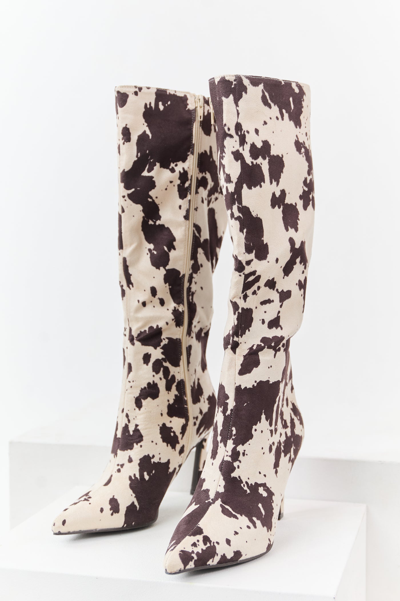 Vanilla Cow Print Faux Suede High Heel Tall Boots