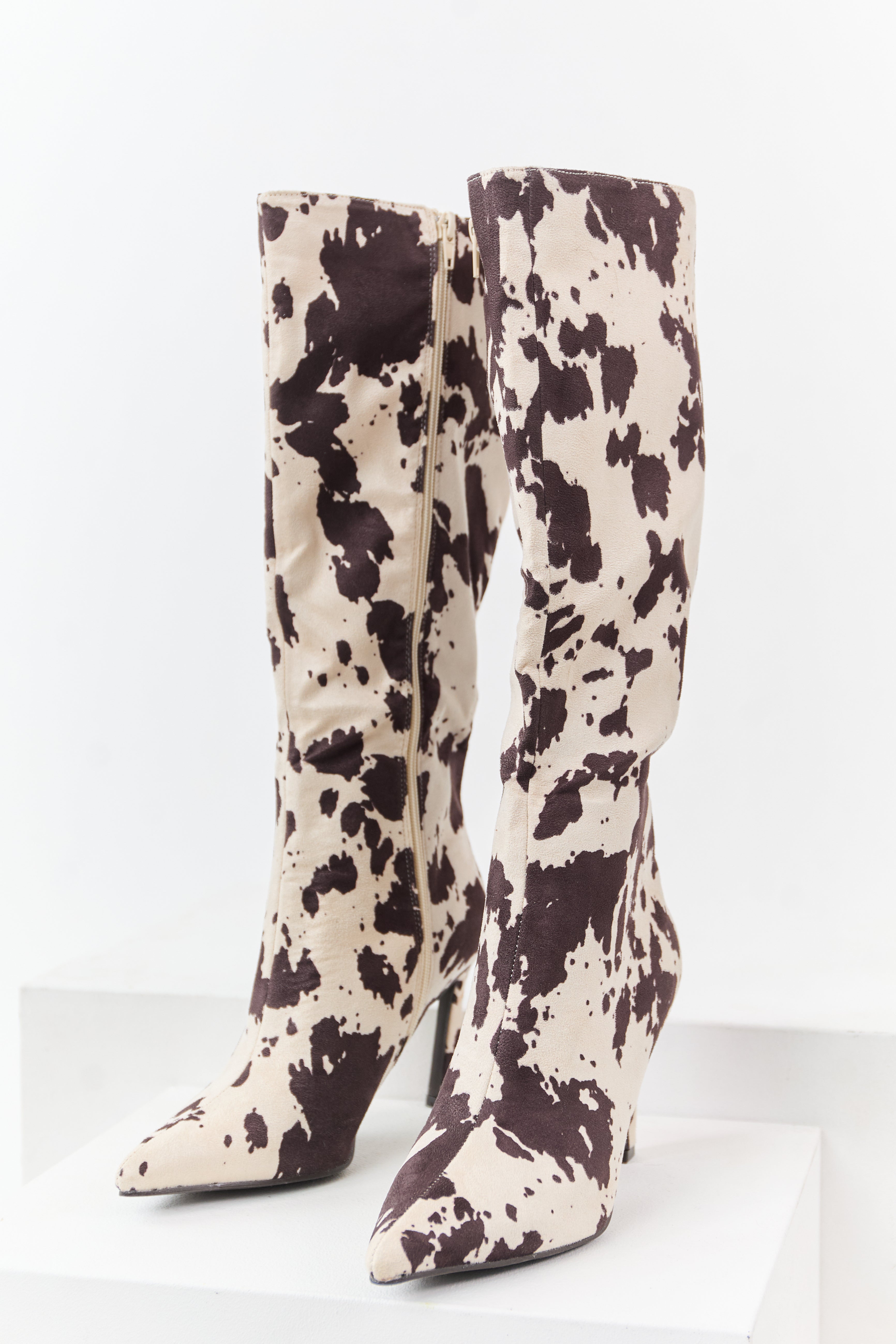 Vanilla Cow Print Faux Suede High Heel Tall Boots