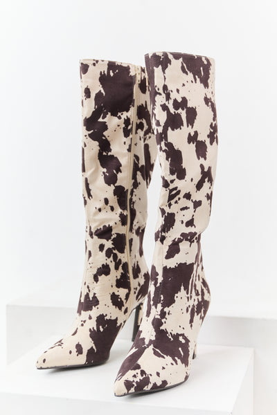 Vanilla Cow Print Faux Suede High Heel Tall Boots