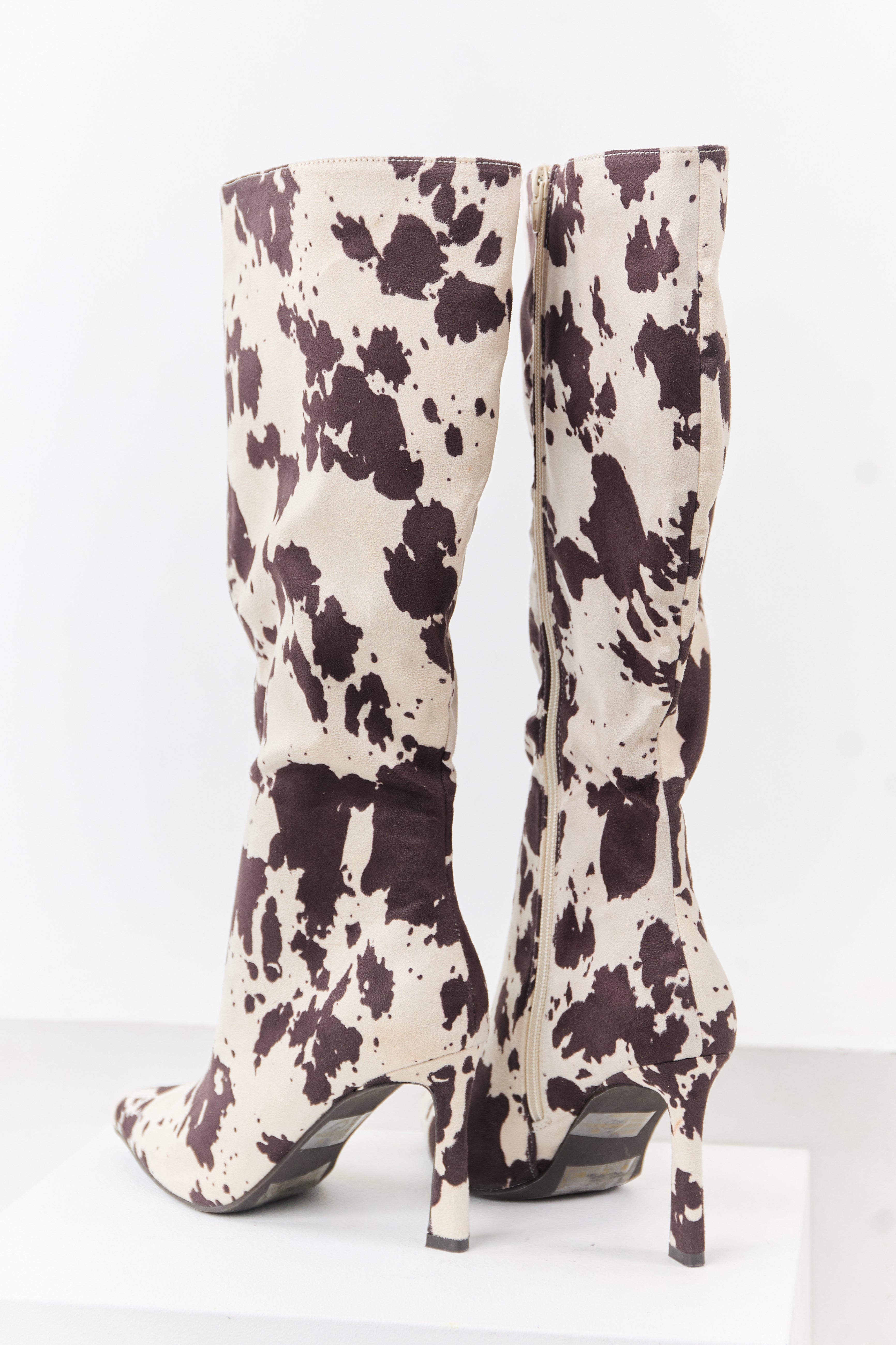 Vanilla Cow Print Faux Suede High Heel Tall Boots