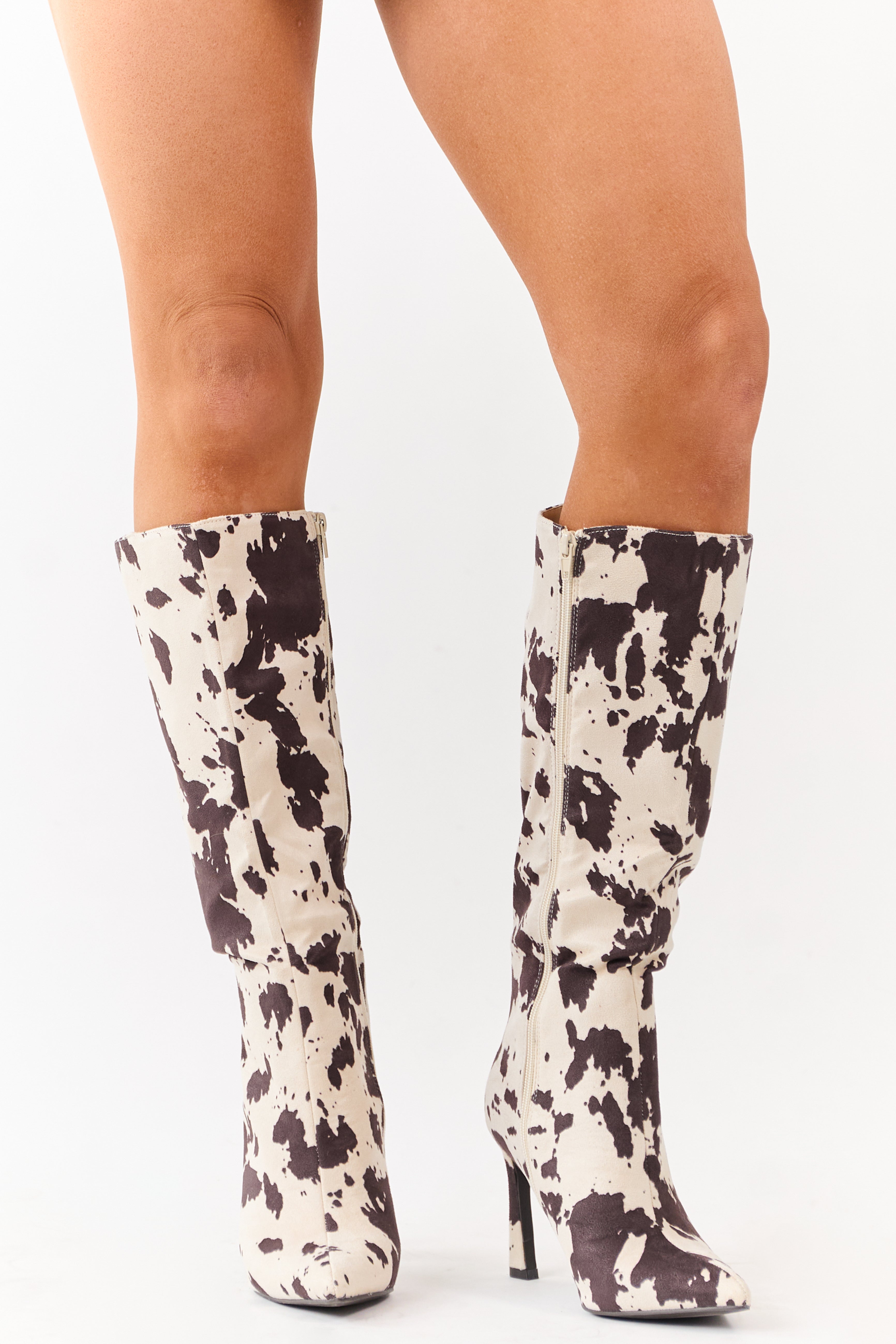 Vanilla Cow Print Faux Suede High Heel Tall Boots