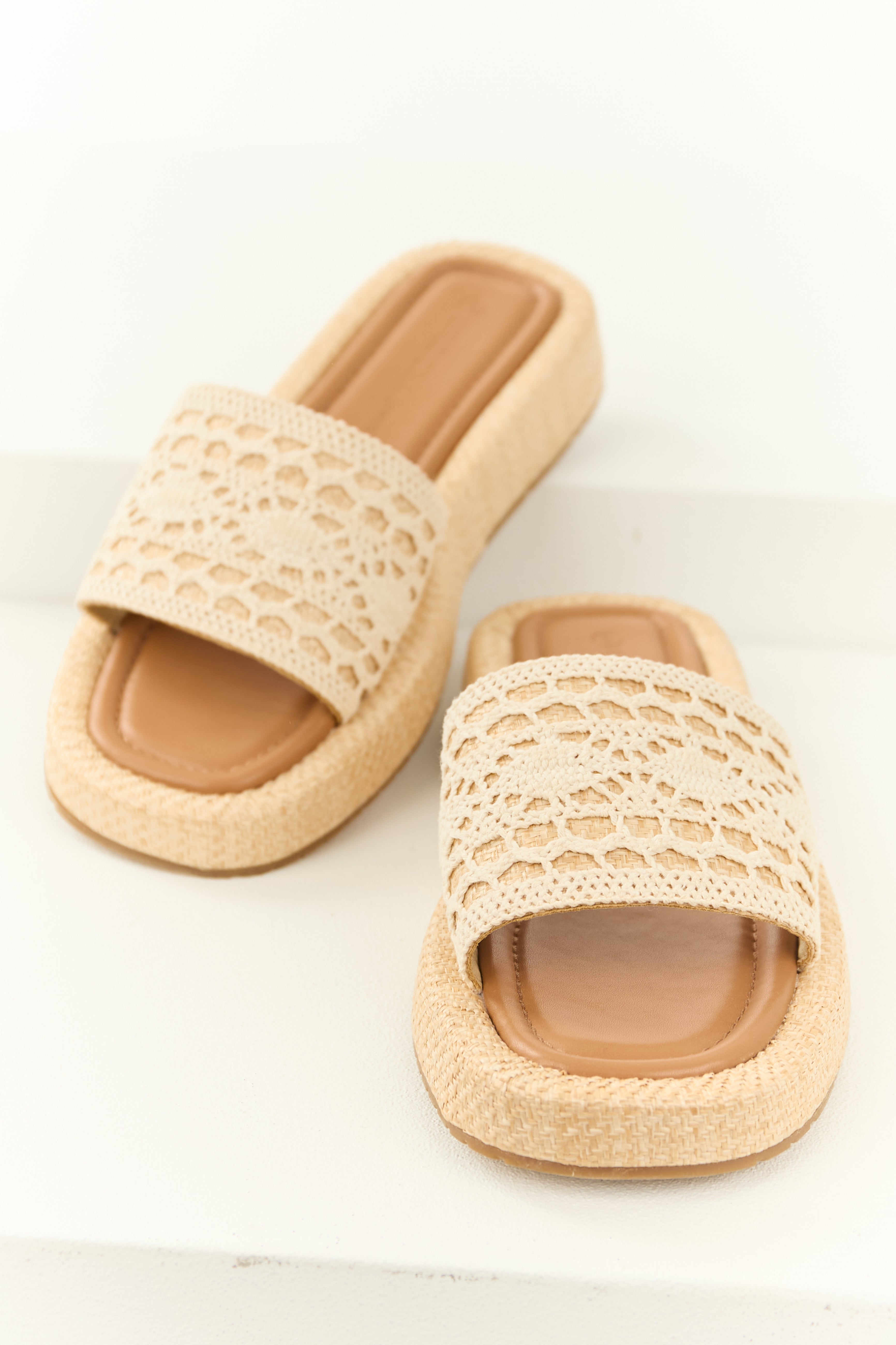 Vanilla Crochet Strap Raffia Platform Slip On Sandals | Lime Lush