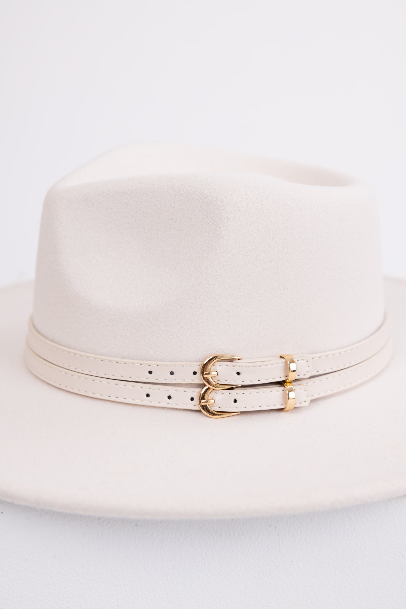 Vanilla Felt Wide Brim Double Buckle Strap Hat