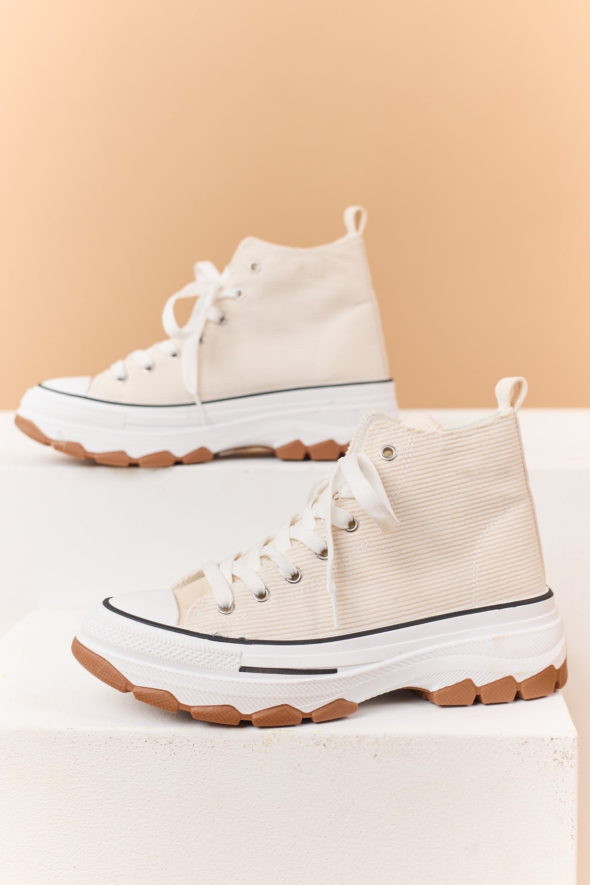 Vanilla Ivory Corduroy High Top Platform Sneakers