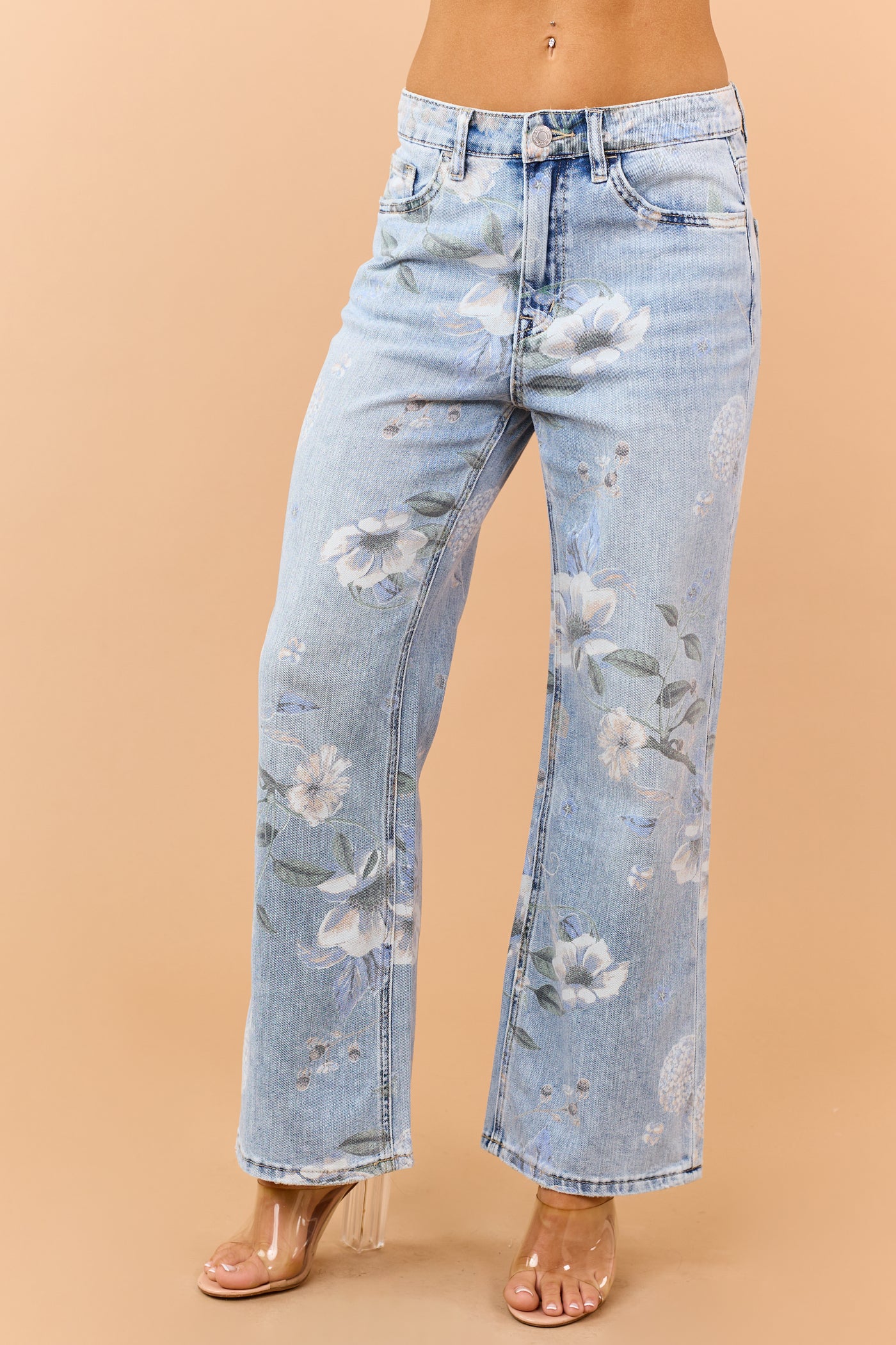 Vervet Light Wash Floral Print Wide Flare Jeans