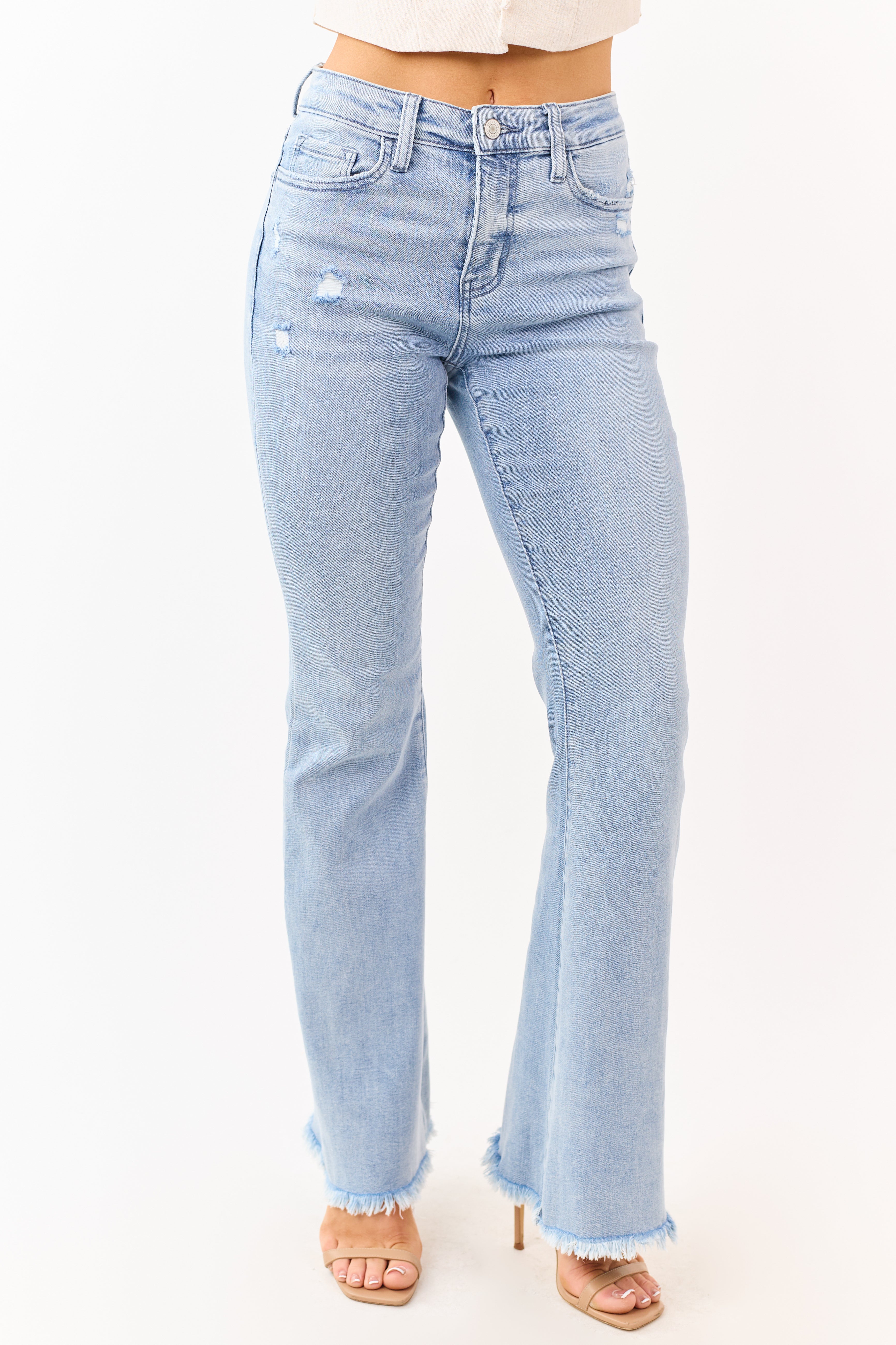 Vervet Light Wash Frayed Hem Stretchy Flare Jeans | Lime Lush Boutique