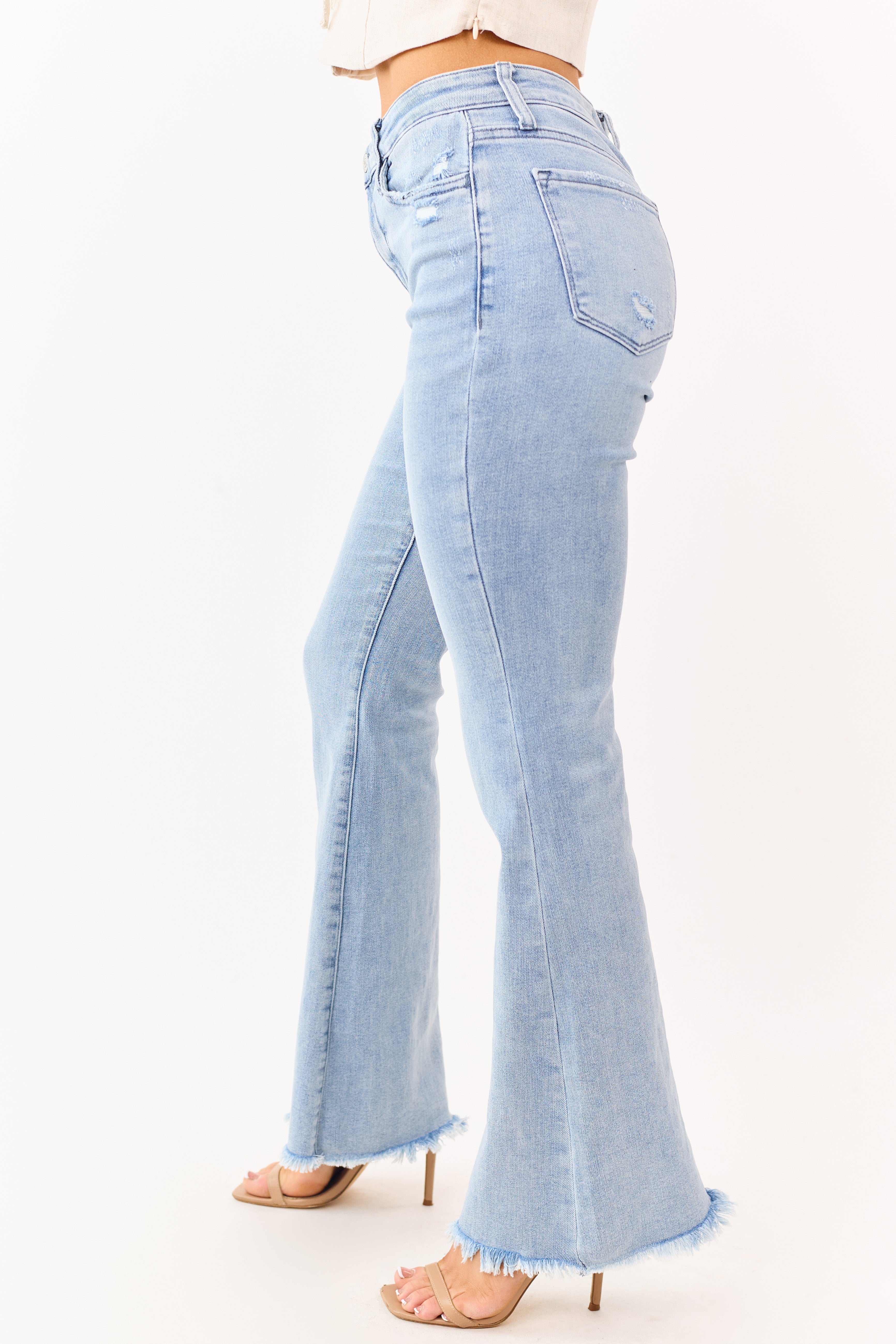 Vervet Light Wash Frayed Hem Stretchy Flare Jeans | Lime Lush Boutique