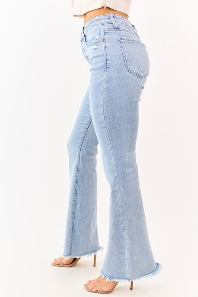 Vervet Light Wash Frayed Hem Stretchy Flare Jeans | Lime Lush Boutique