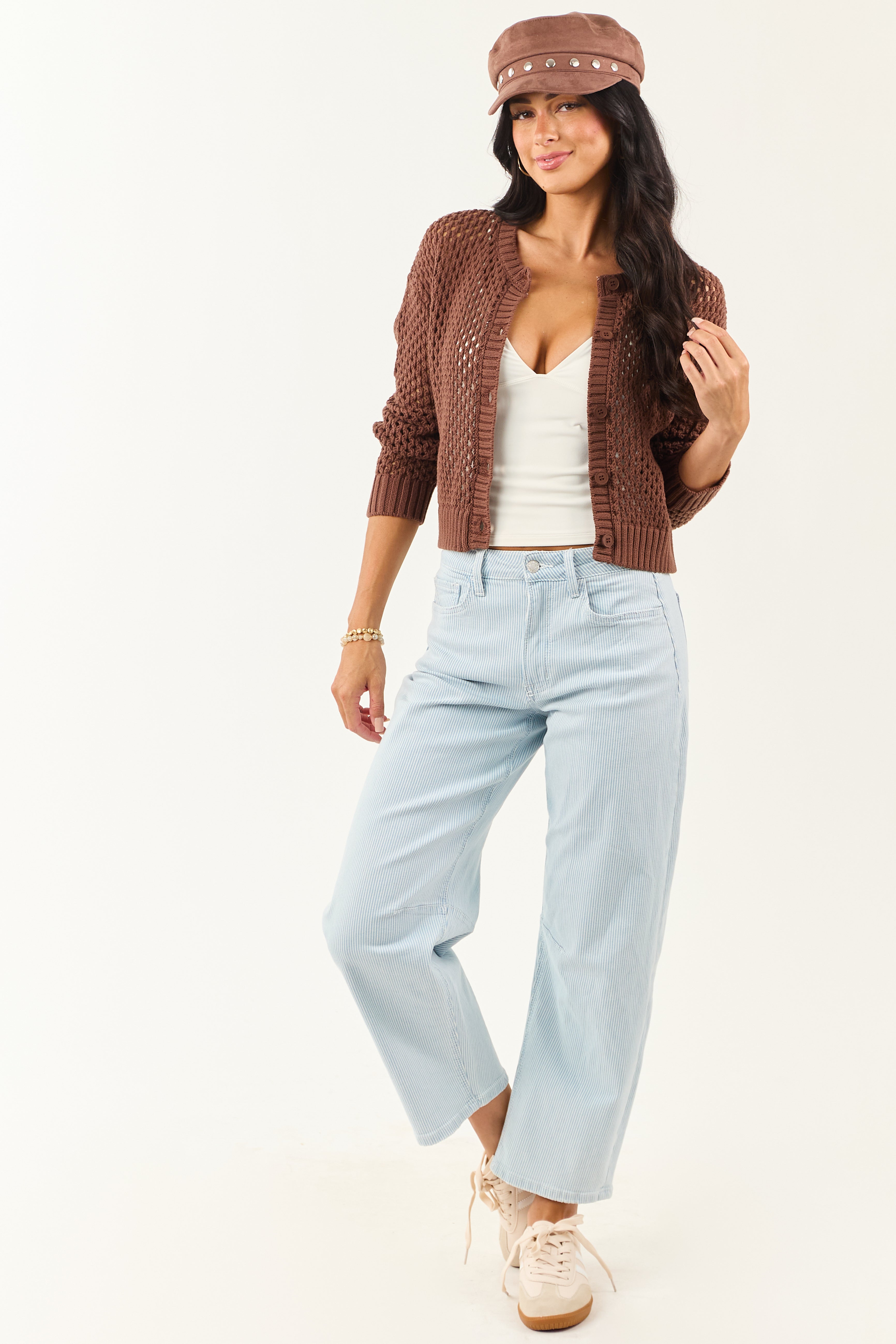 Vervet Light Wash Railroad Stripe Stretchy Barrel Jeans