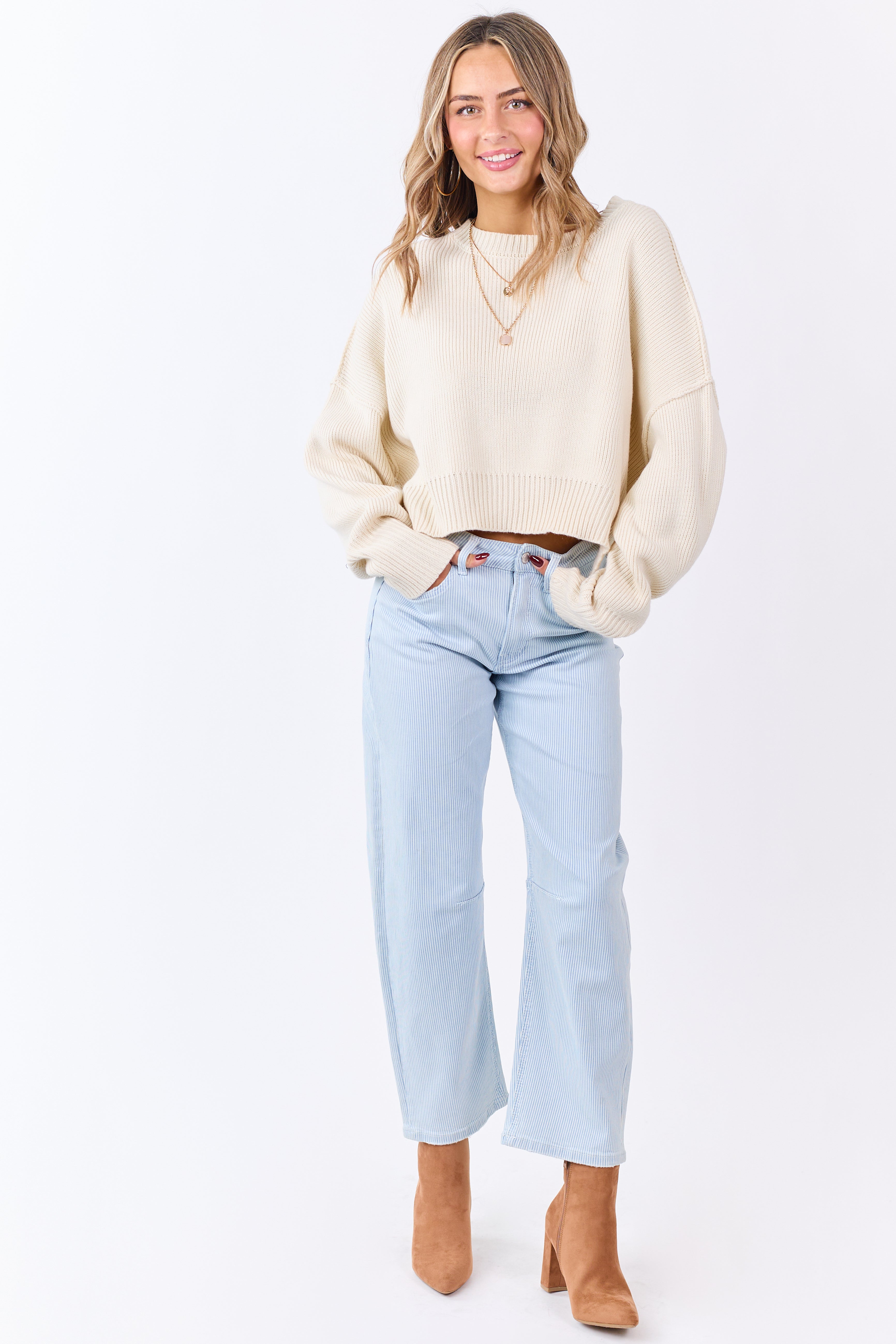Vervet Light Wash Railroad Stripe Stretchy Barrel Jeans | Lime