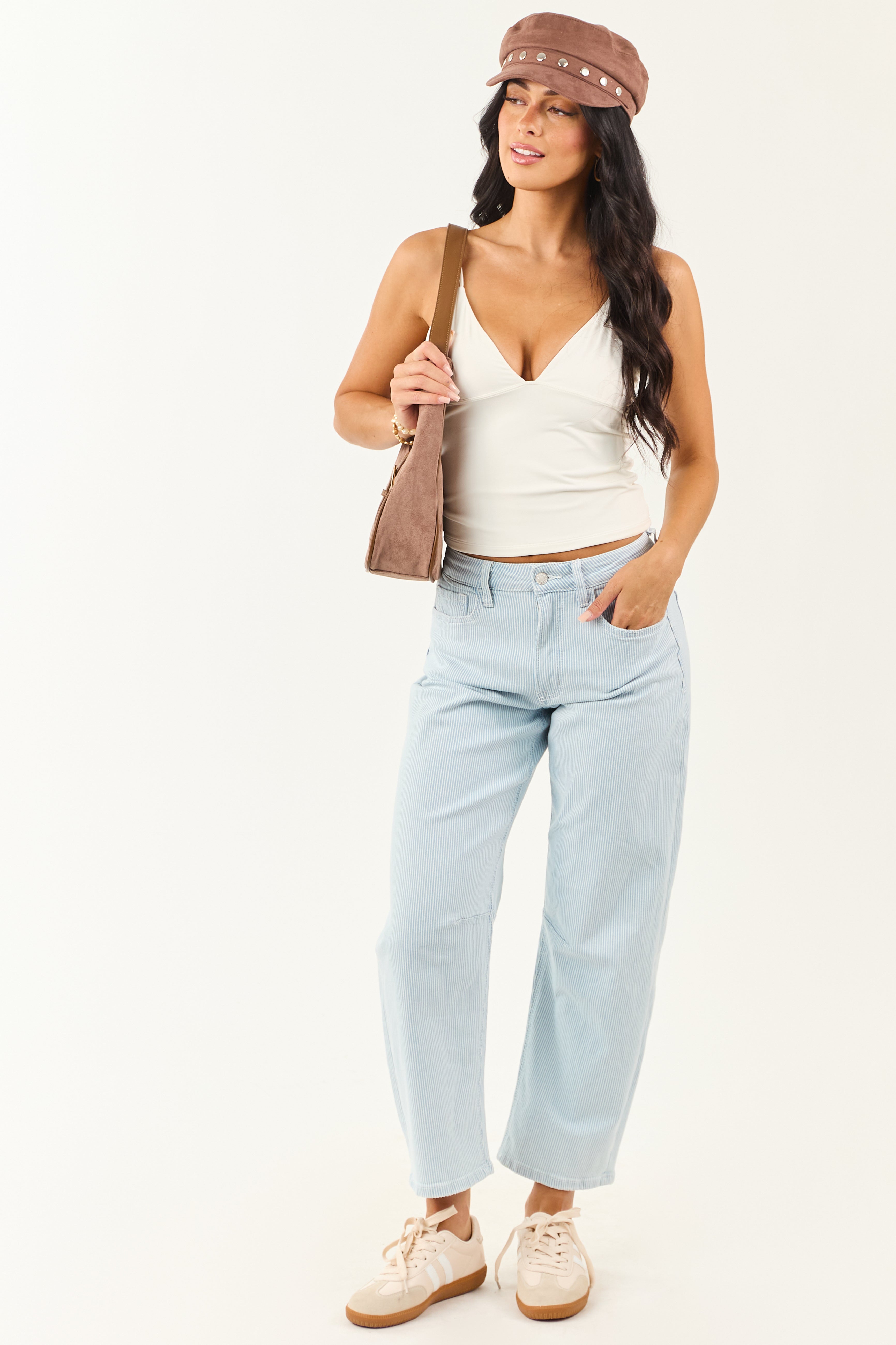 Vervet Light Wash Railroad Stripe Stretchy Barrel Jeans