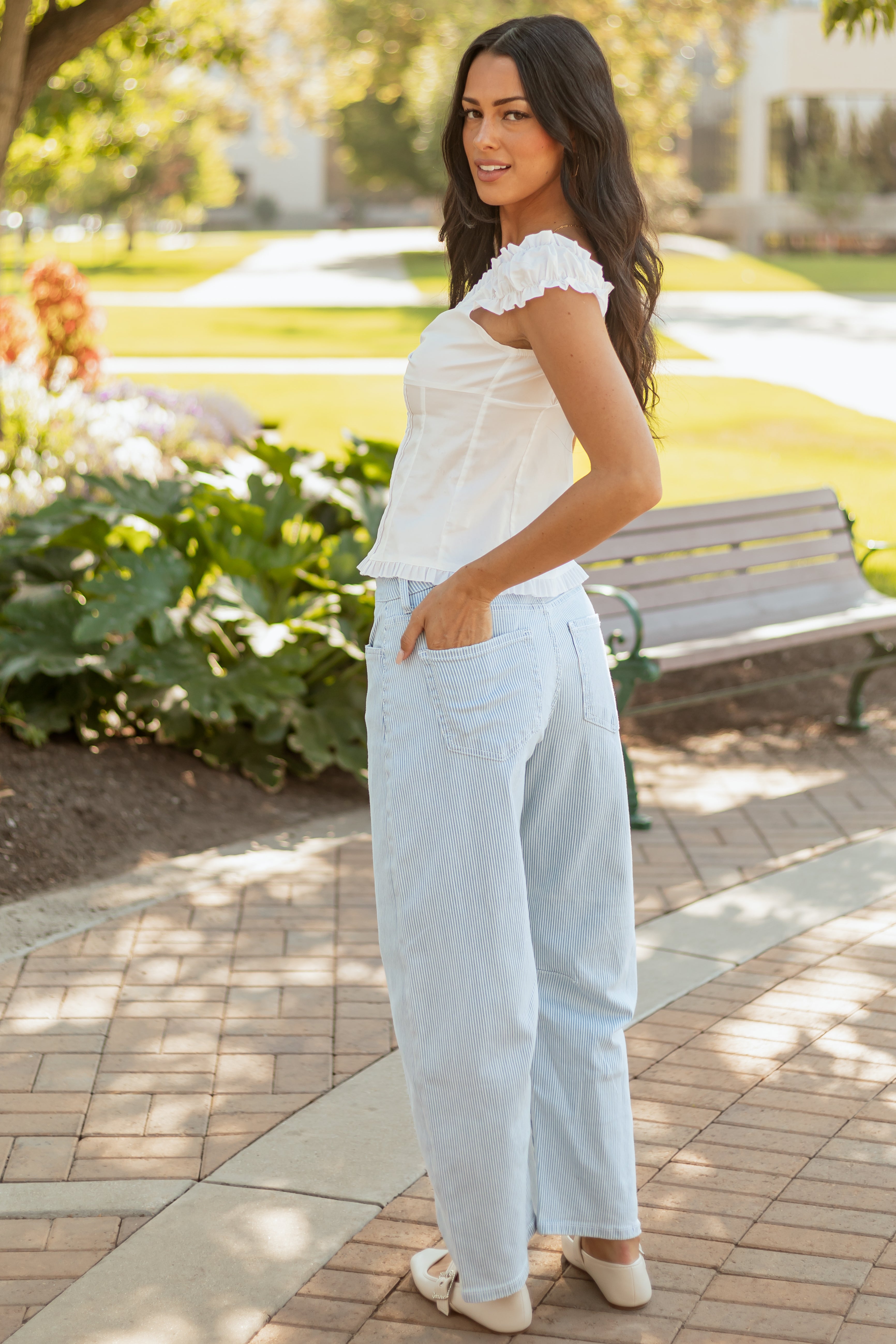 Vervet Light Wash Railroad Stripe Stretchy Barrel Jeans