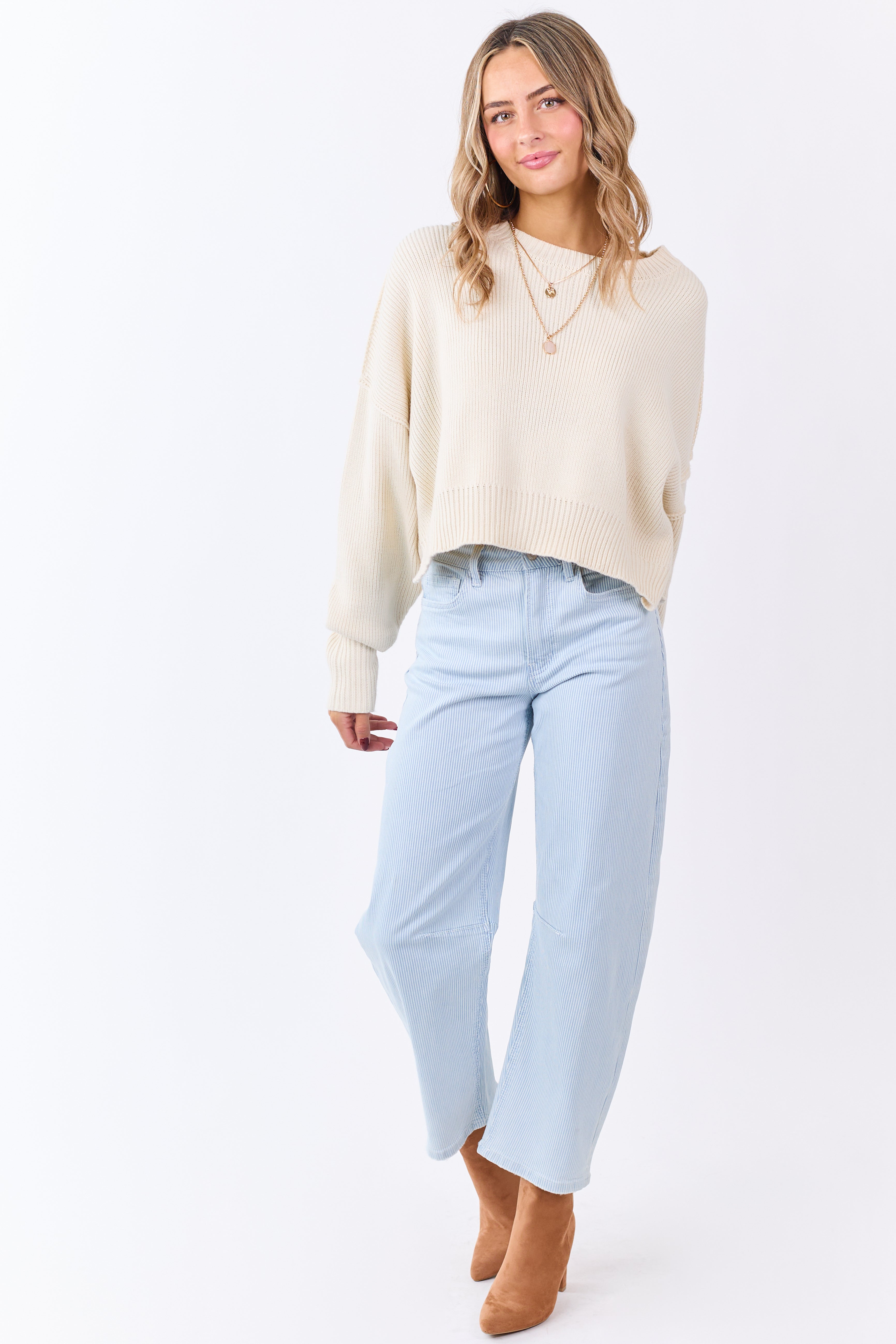 Vervet Light Wash Railroad Stripe Stretchy Barrel Jeans | Lime