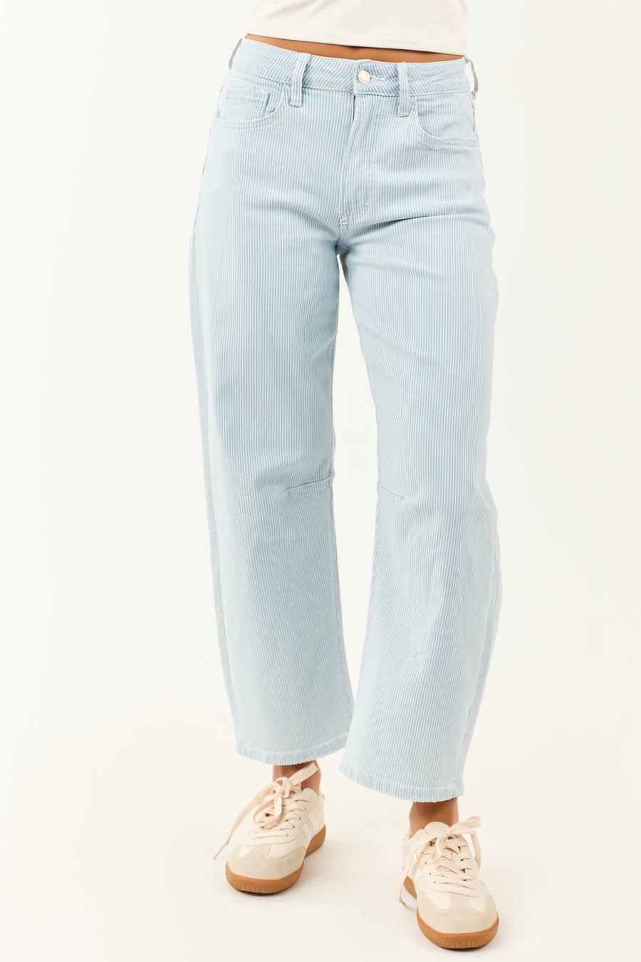 Vervet Light Wash Railroad Stripe Stretchy Barrel Jeans