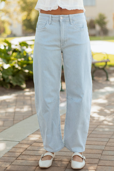 Vervet Light Wash Railroad Stripe Stretchy Barrel Jeans