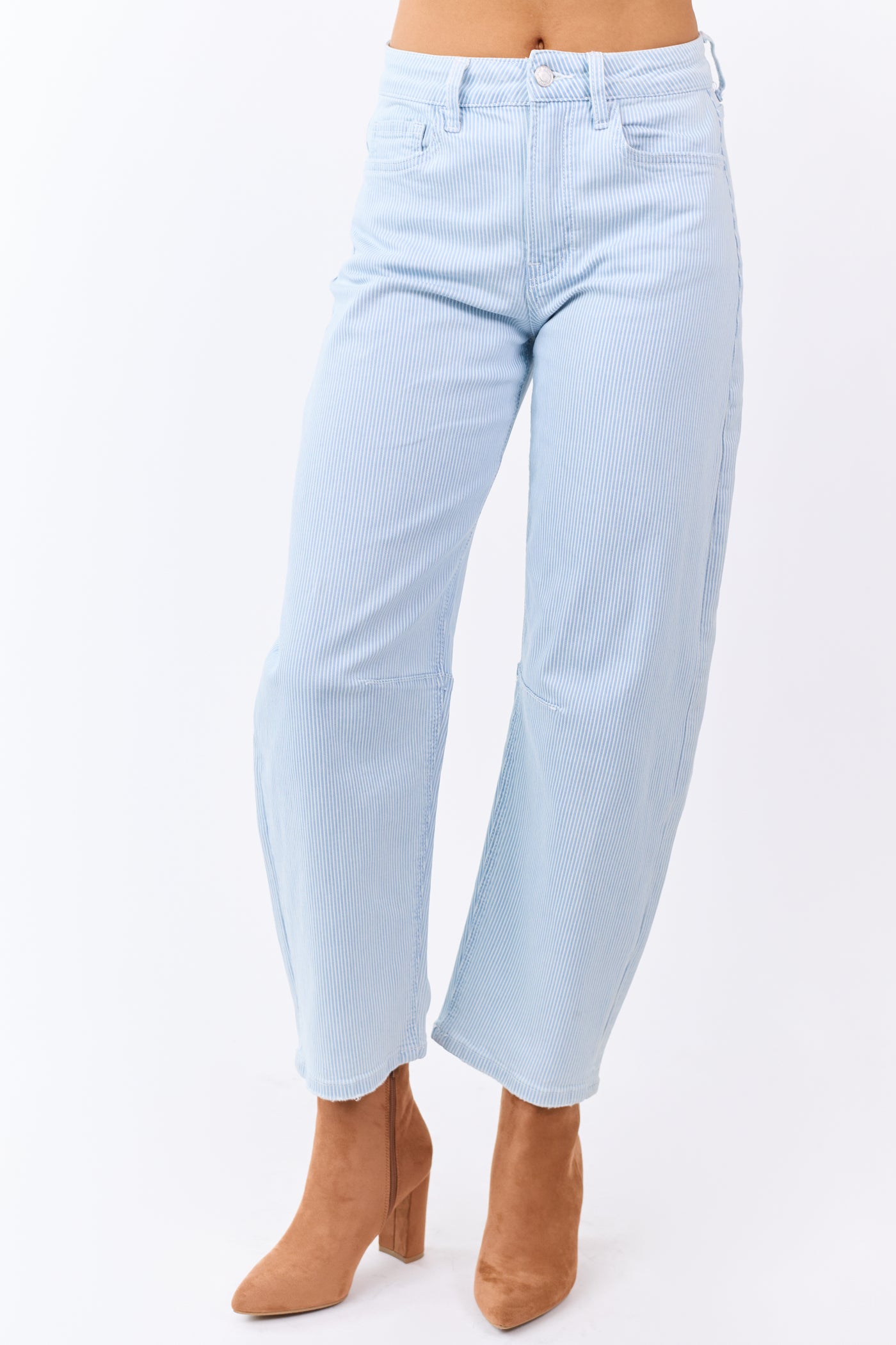 Vervet Light Wash Railroad Stripe Stretchy Barrel Jeans