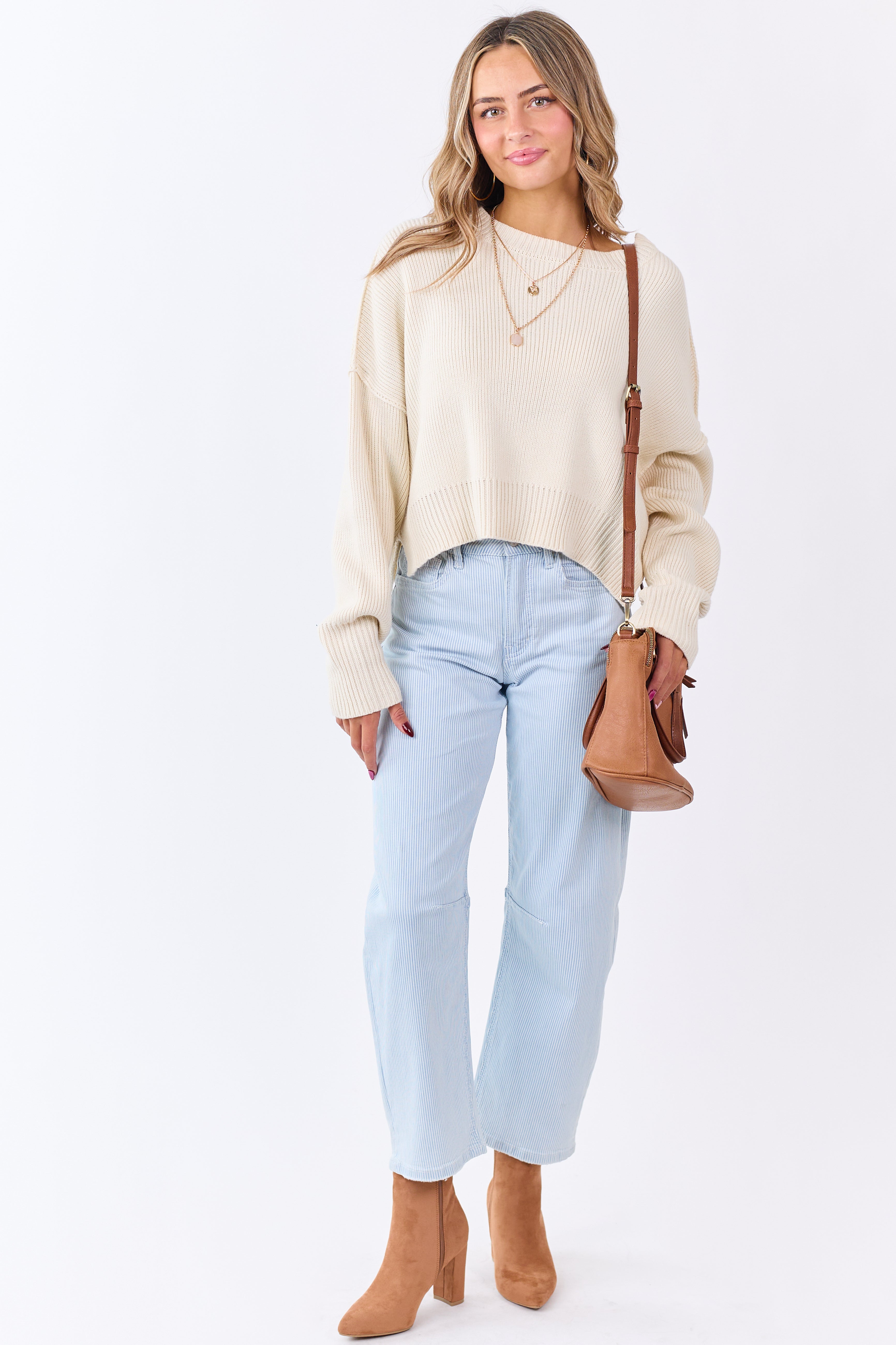 Vervet Light Wash Railroad Stripe Stretchy Barrel Jeans