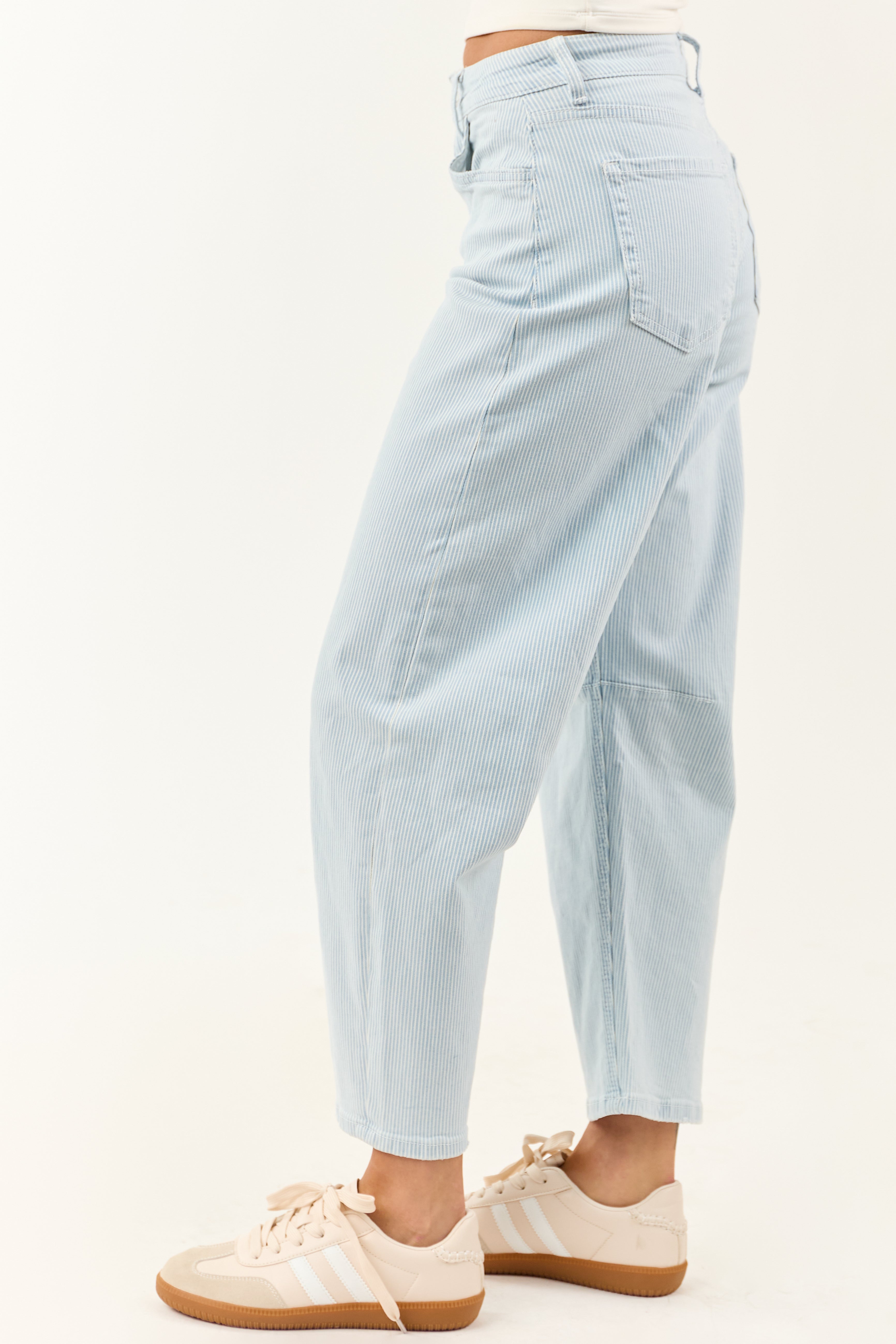 Vervet Light Wash Railroad Stripe Stretchy Barrel Jeans