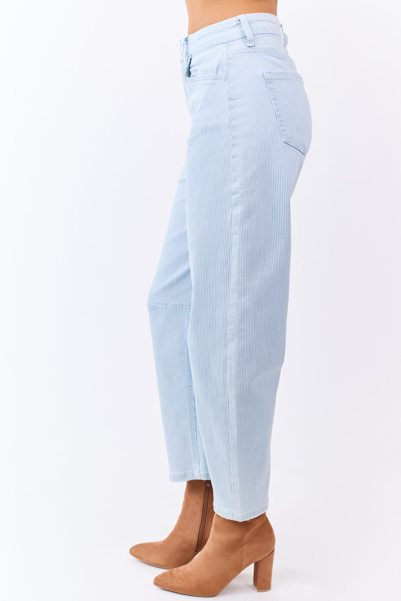 Vervet Light Wash Railroad Stripe Stretchy Barrel Jeans