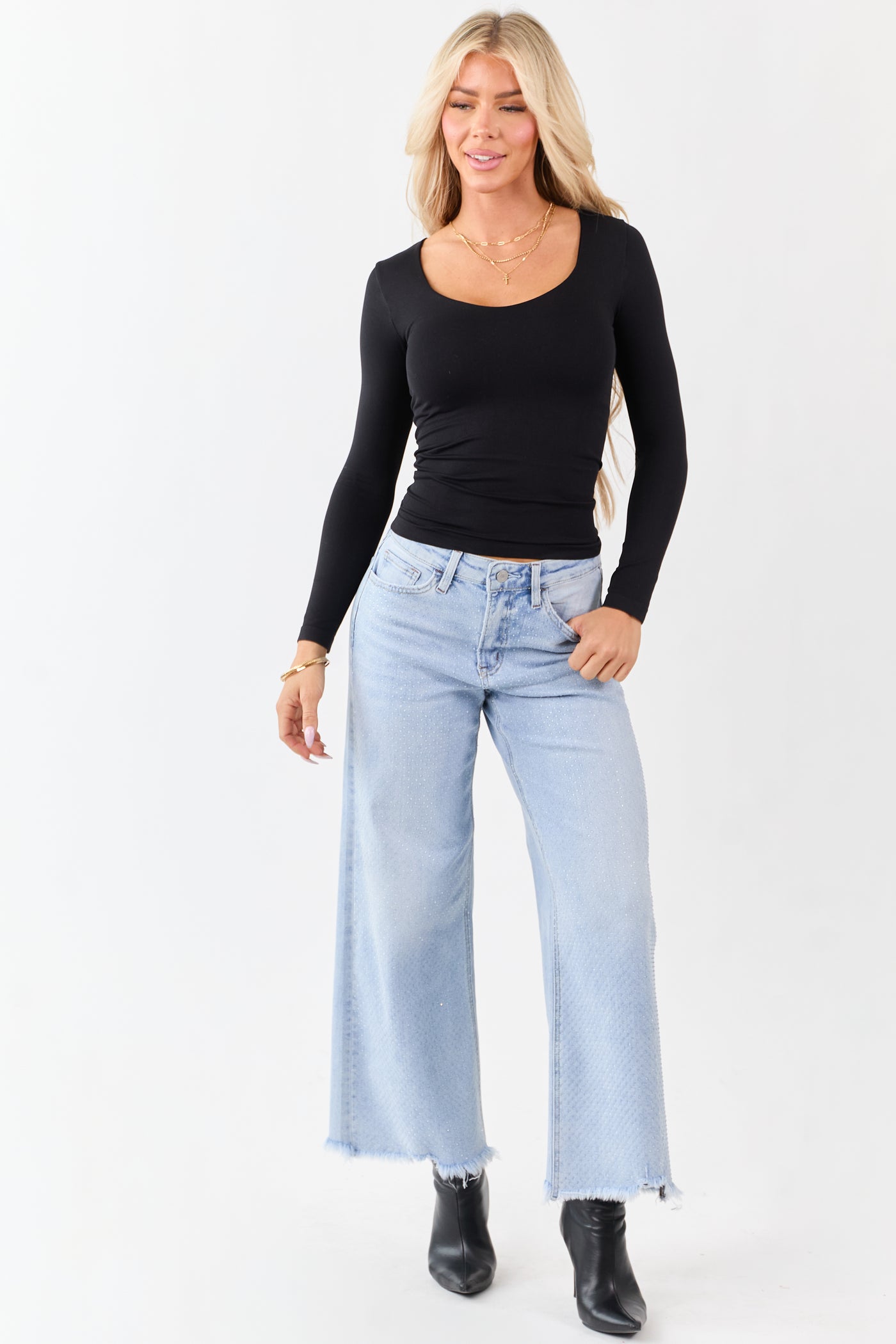 Vervet Light Wash Rhinestone Wide Leg Stretch Jeans
