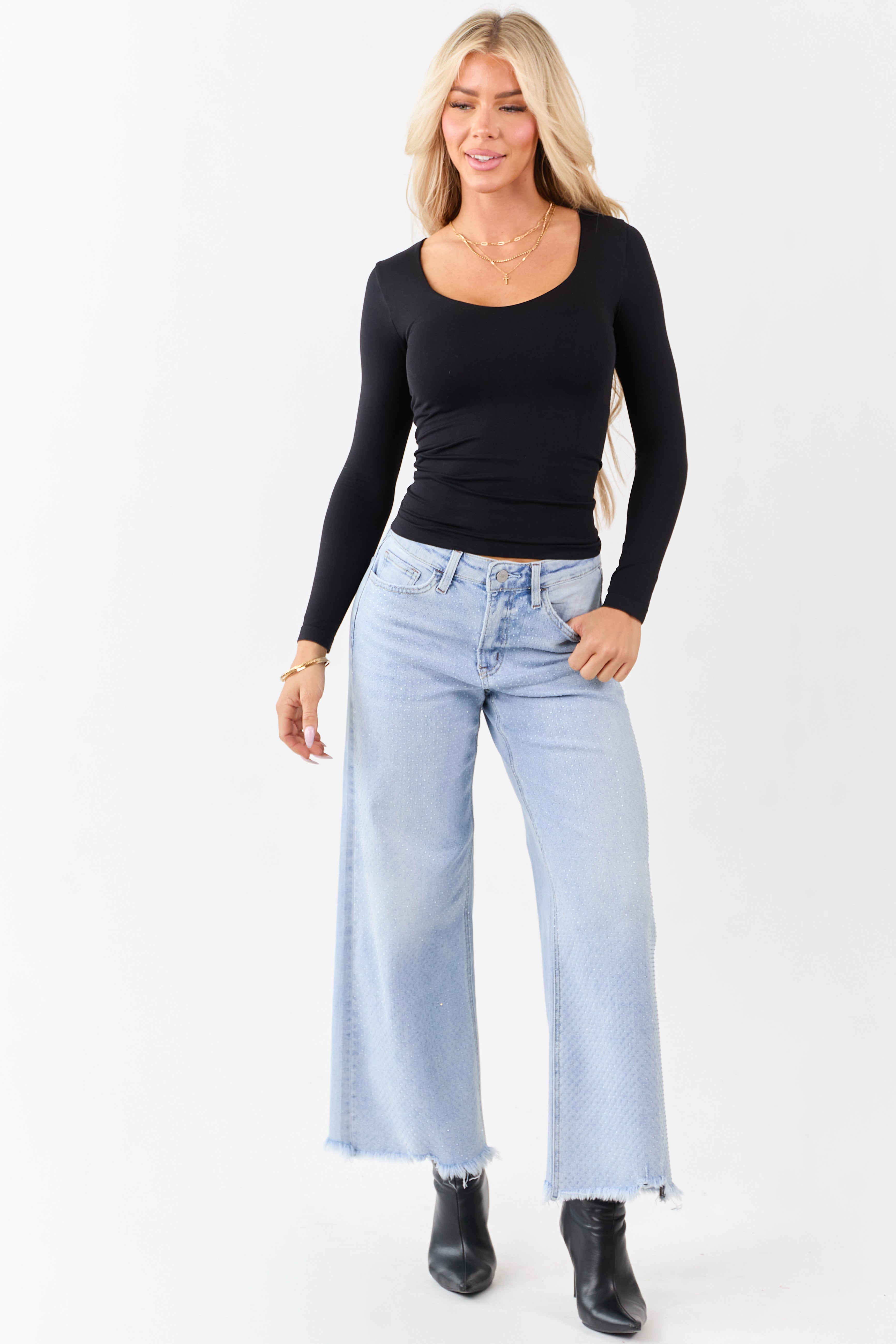 Vervet Light Wash Rhinestone Wide Leg Stretch Jeans