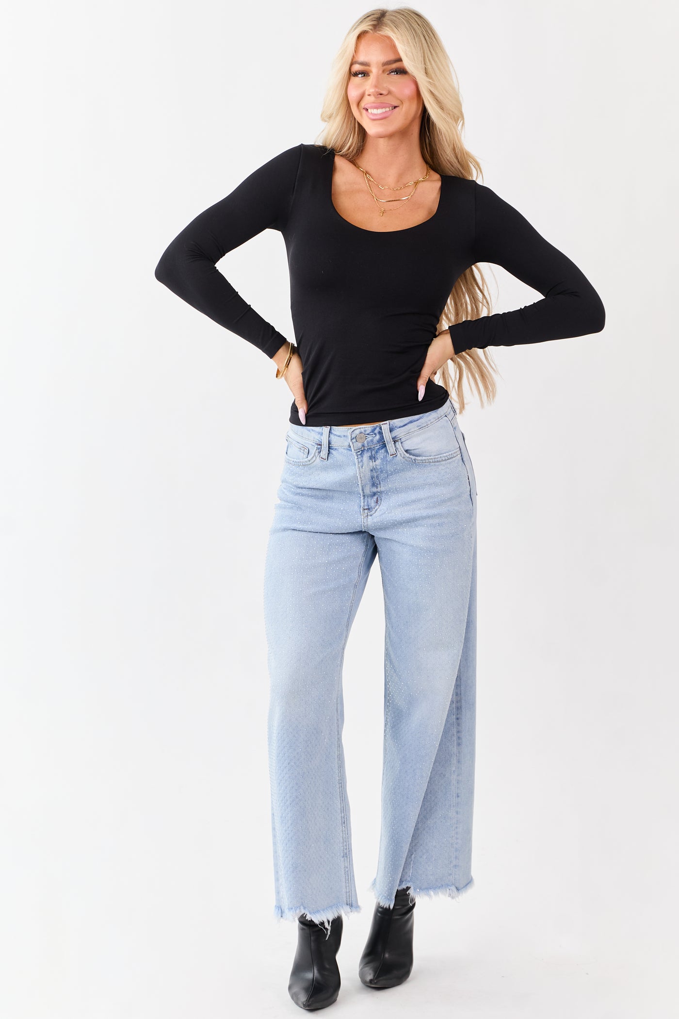 Vervet Light Wash Rhinestone Wide Leg Stretch Jeans
