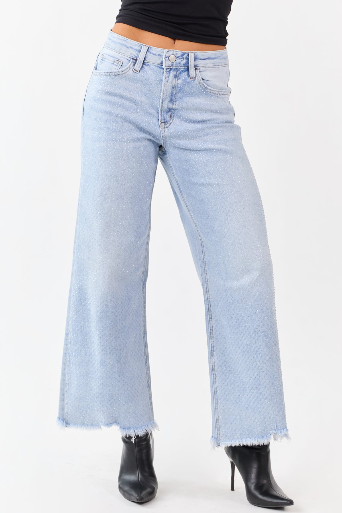 Vervet Light Wash Rhinestone Wide Leg Stretch Jeans | Lime Lush 