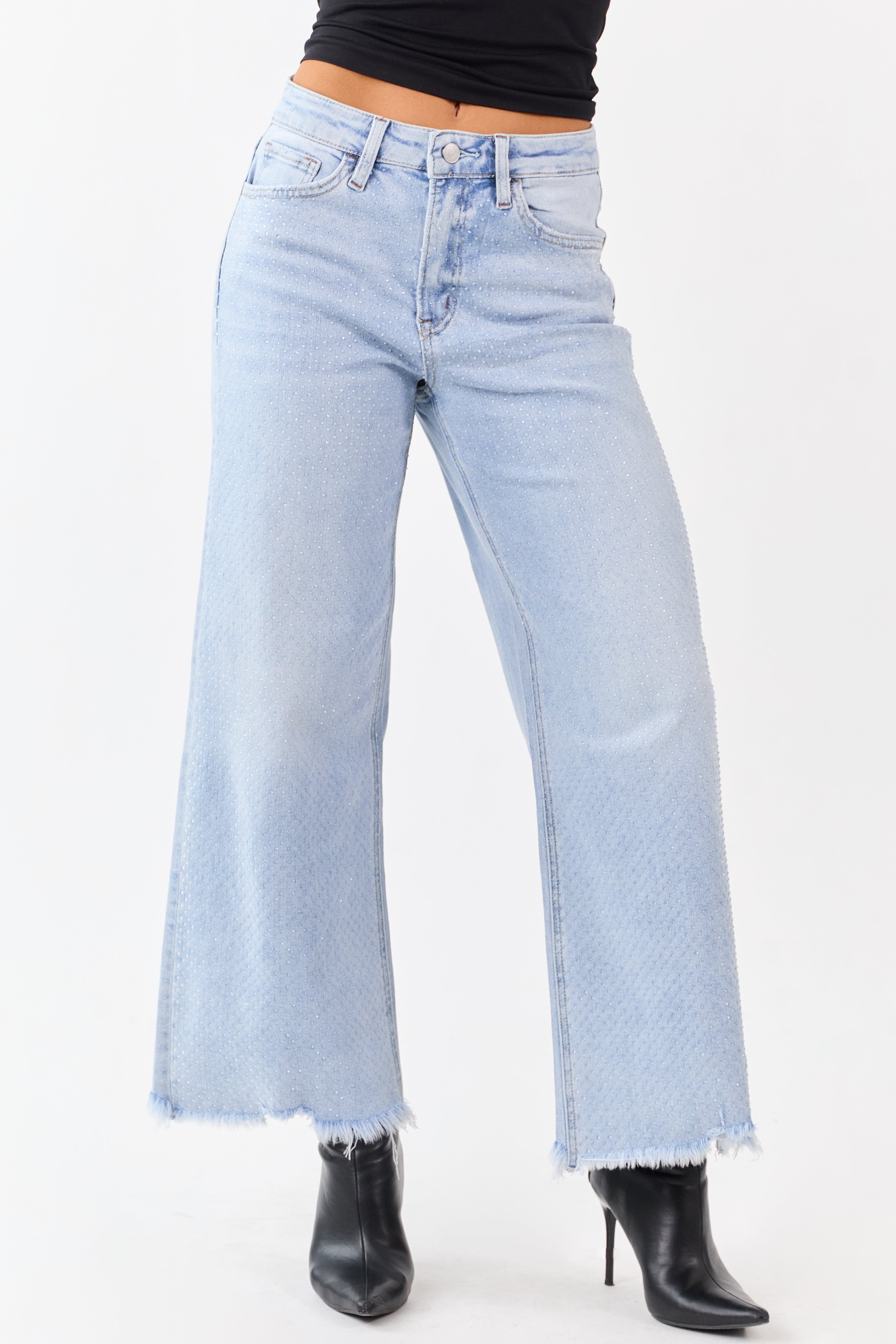 Vervet Light Wash Rhinestone Wide Leg Stretch Jeans