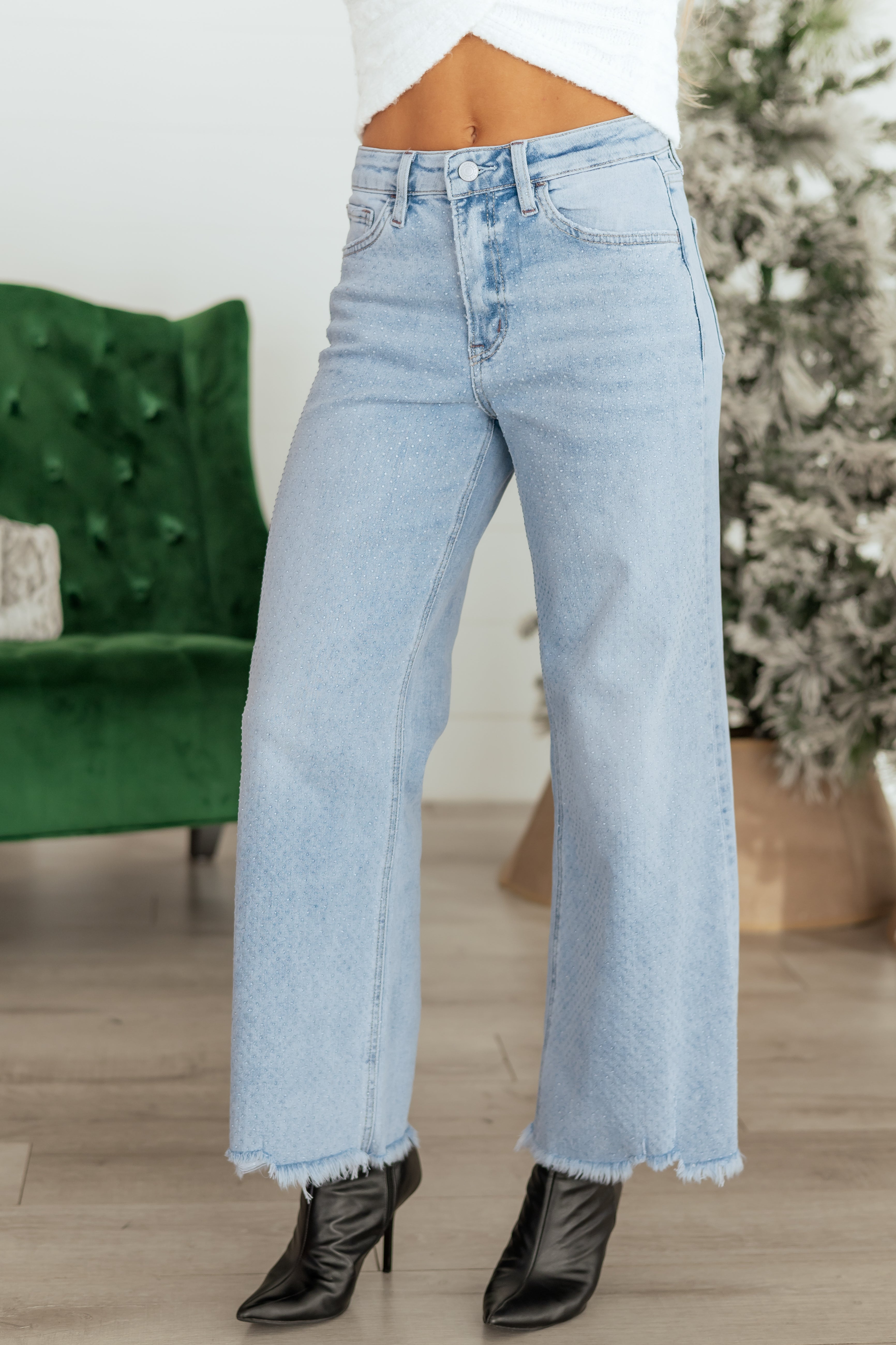 Vervet Light Wash Rhinestone Wide Leg Stretch Jeans | Lime Lush